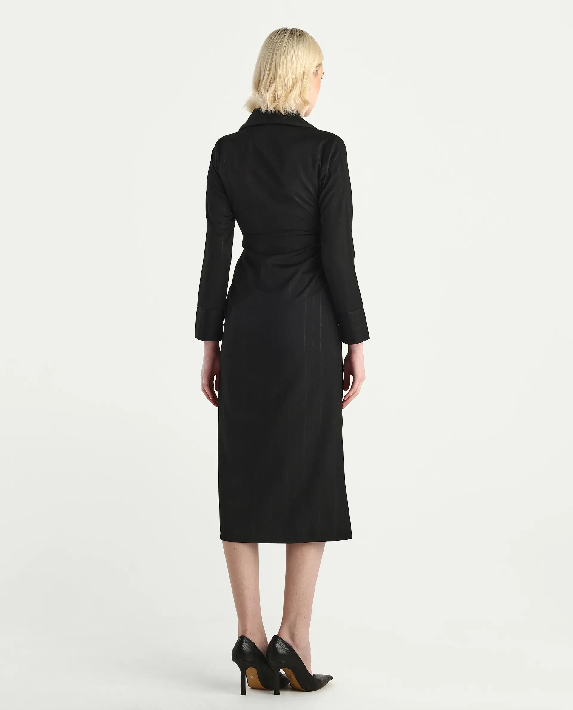 Rareism Women's Jenlin Black Poly Viscose Cuffed Sleeve Jonny Collar Straight Fit Plain Midi Dress - Image 7