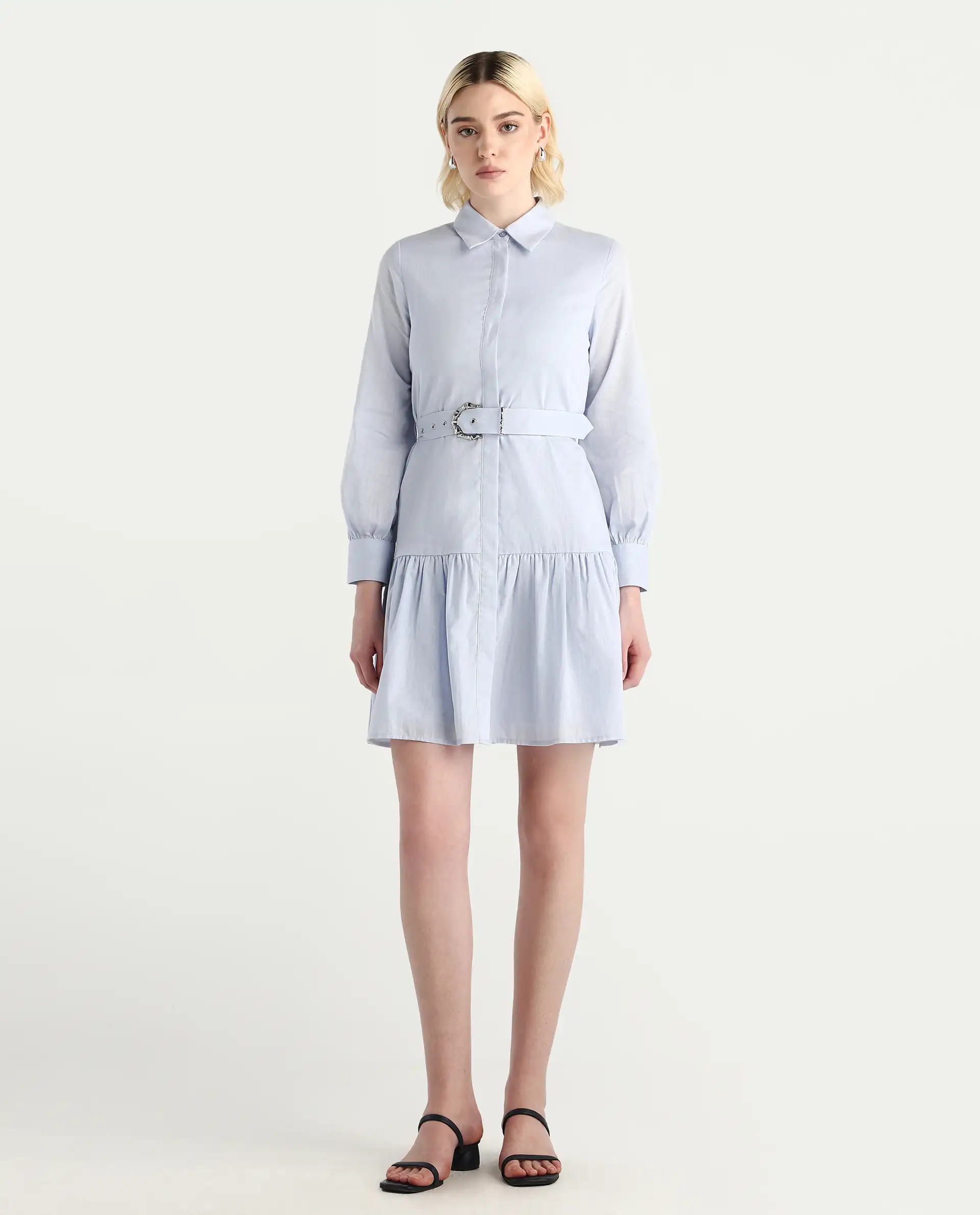 Rareism Women's Jenron Blue Cotton Collared Neck Flared Plain Dress - Image 2
