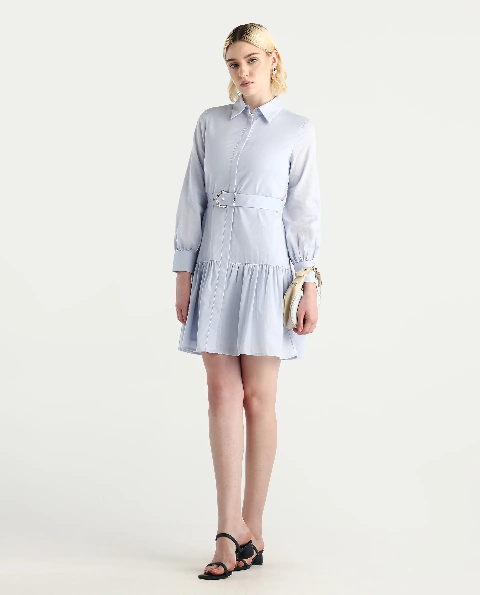 Rareism Women's Jenron Blue Cotton Collared Neck Flared Plain Dress - Image 3