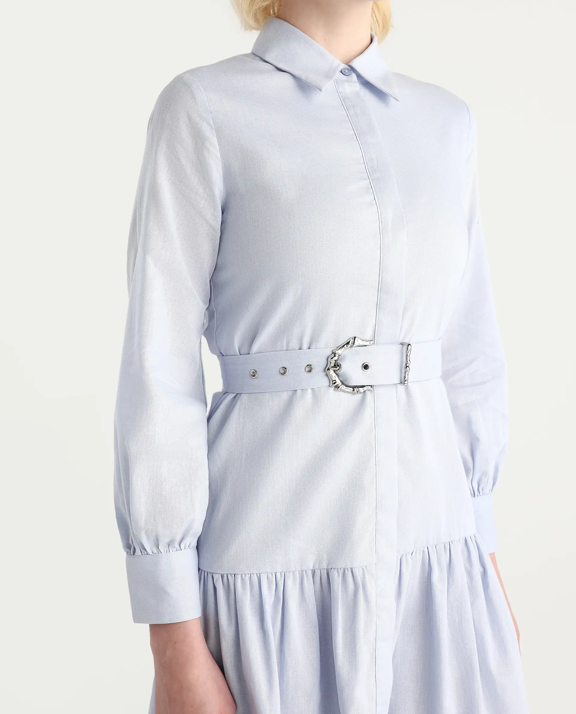 Rareism Women's Jenron Blue Cotton Collared Neck Flared Plain Dress - Image 4
