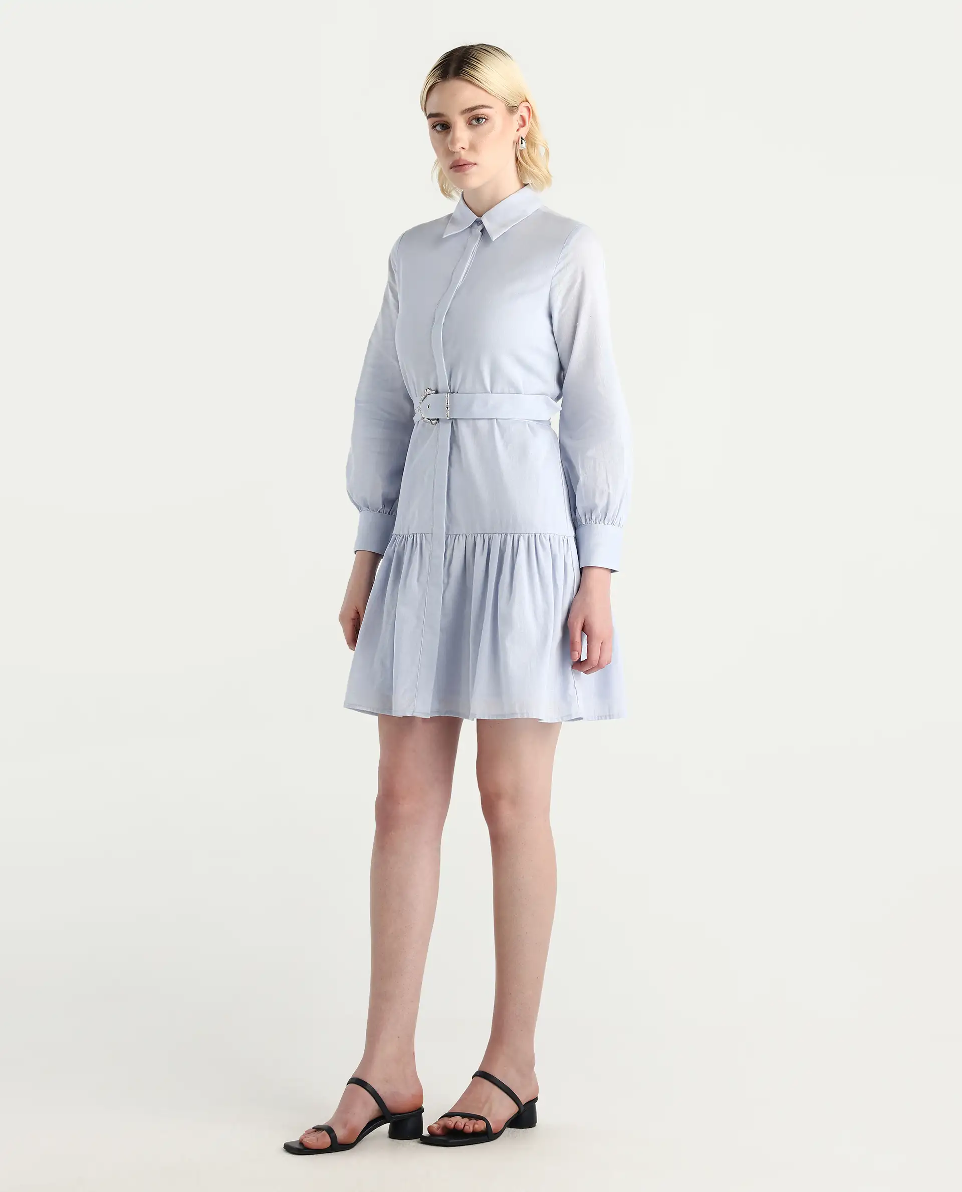 Rareism Women's Jenron Blue Cotton Collared Neck Flared Plain Dress - Image 5