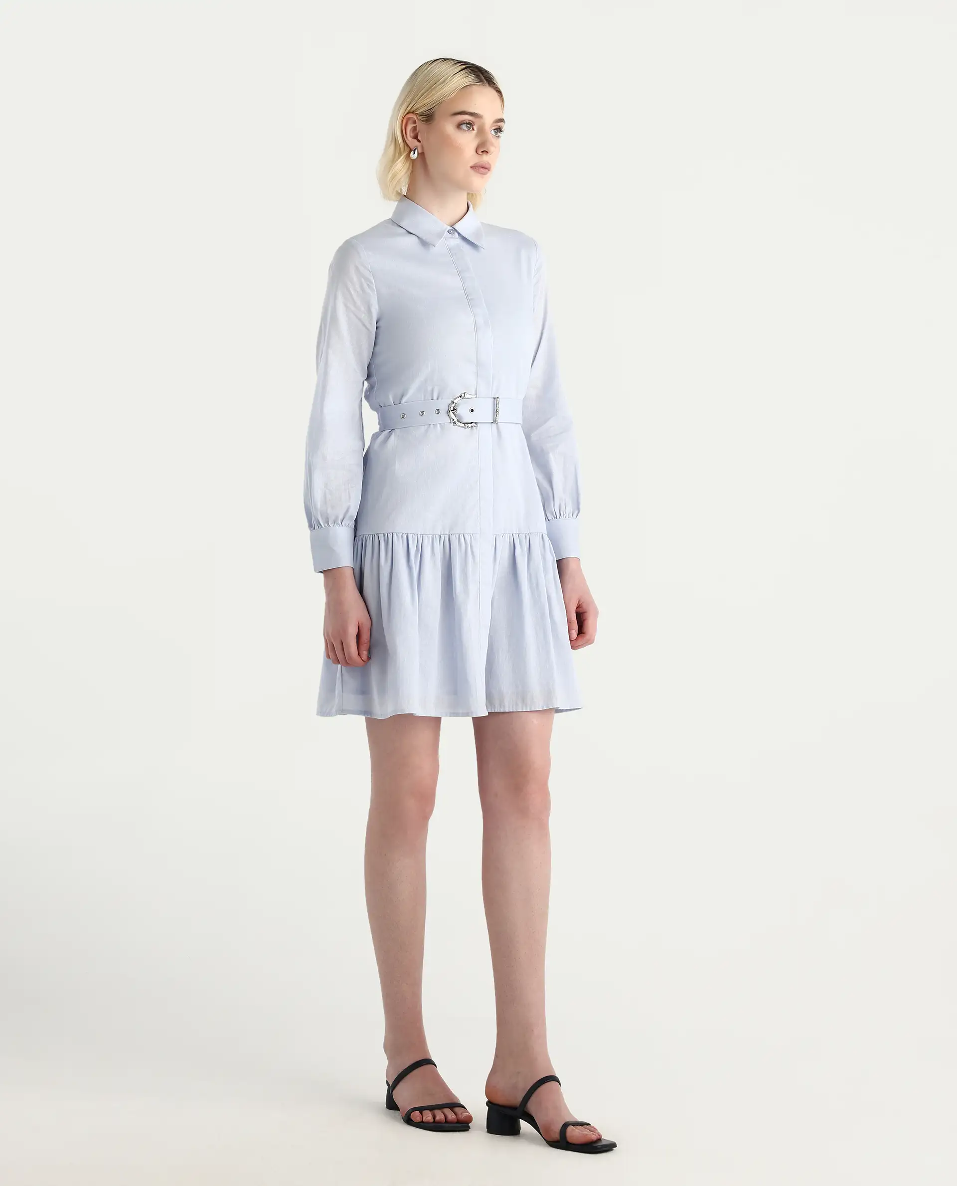 Rareism Women's Jenron Blue Cotton Collared Neck Flared Plain Dress - Image 6