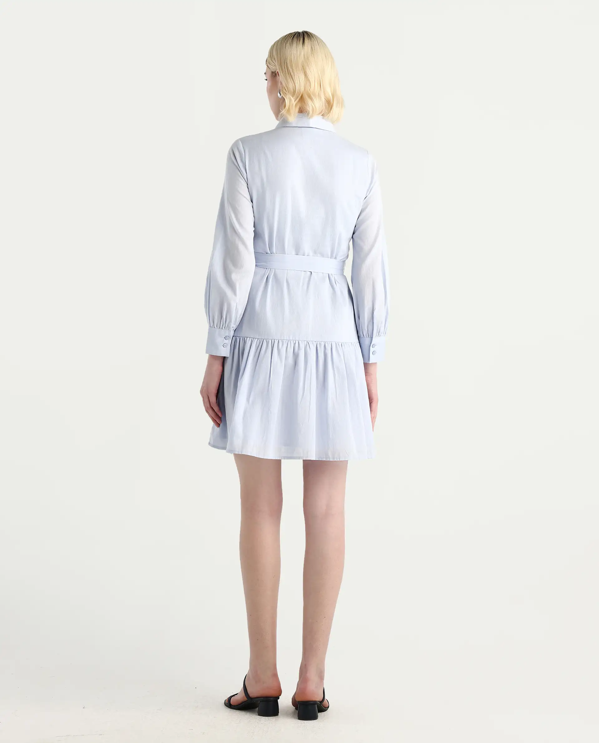 Rareism Women's Jenron Blue Cotton Collared Neck Flared Plain Dress - Image 7