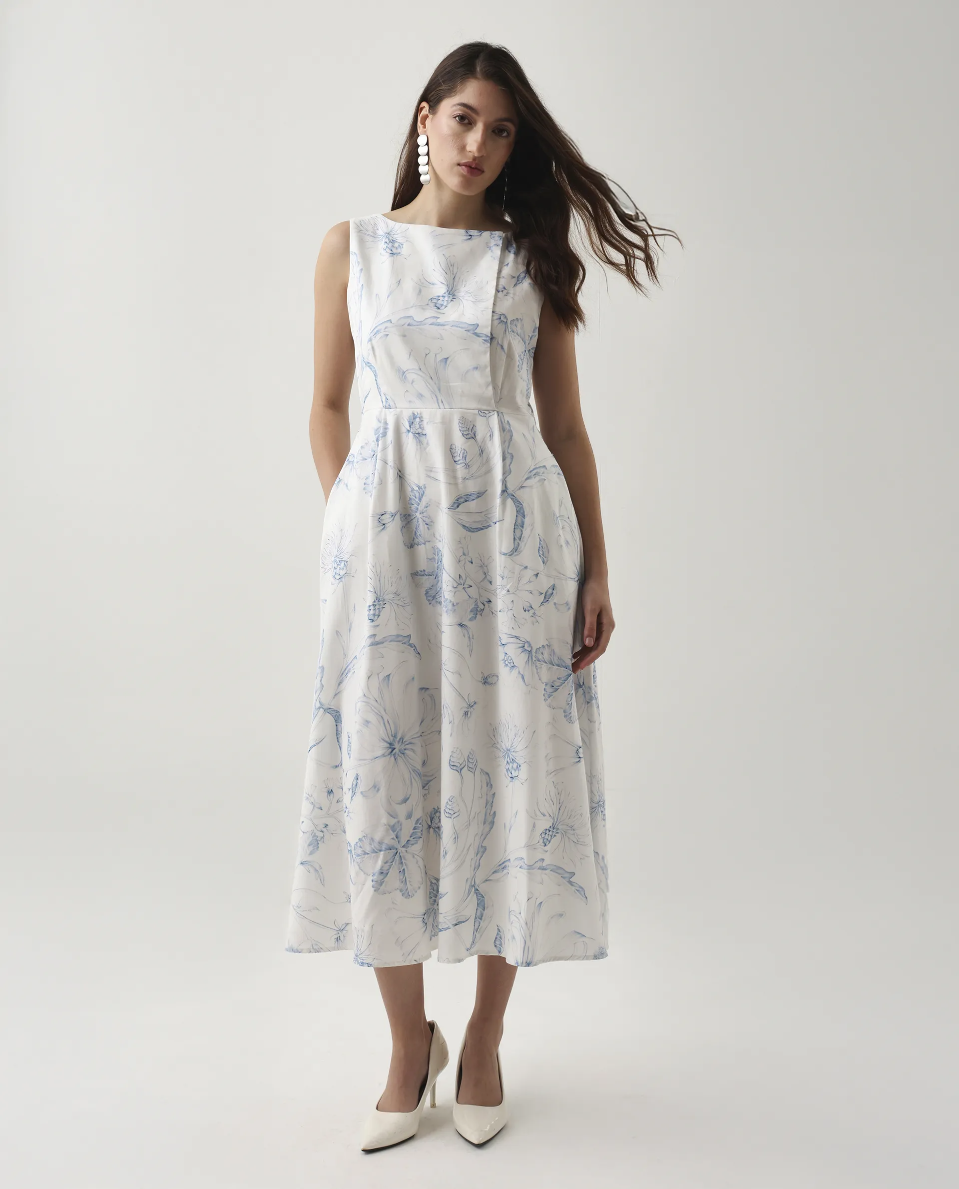 Rareism Women's Jensit Off White Cotton Blend Boat Neck Fit And Flare Printed Midi Dress - Image 2