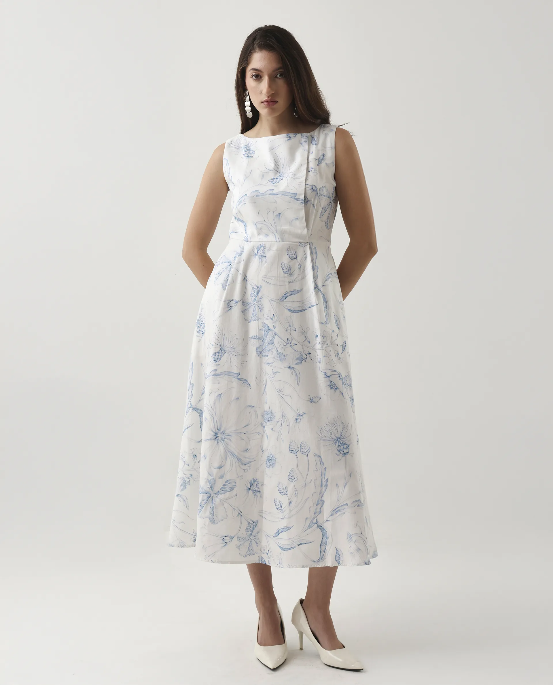 Rareism Women's Jensit Off White Cotton Blend Boat Neck Fit And Flare Printed Midi Dress - Image 5