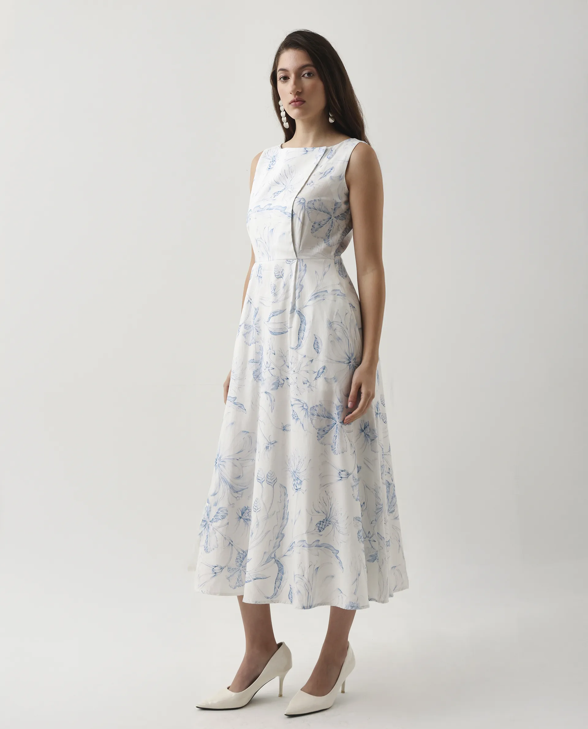 Rareism Women's Jensit Off White Cotton Blend Boat Neck Fit And Flare Printed Midi Dress - Image 6