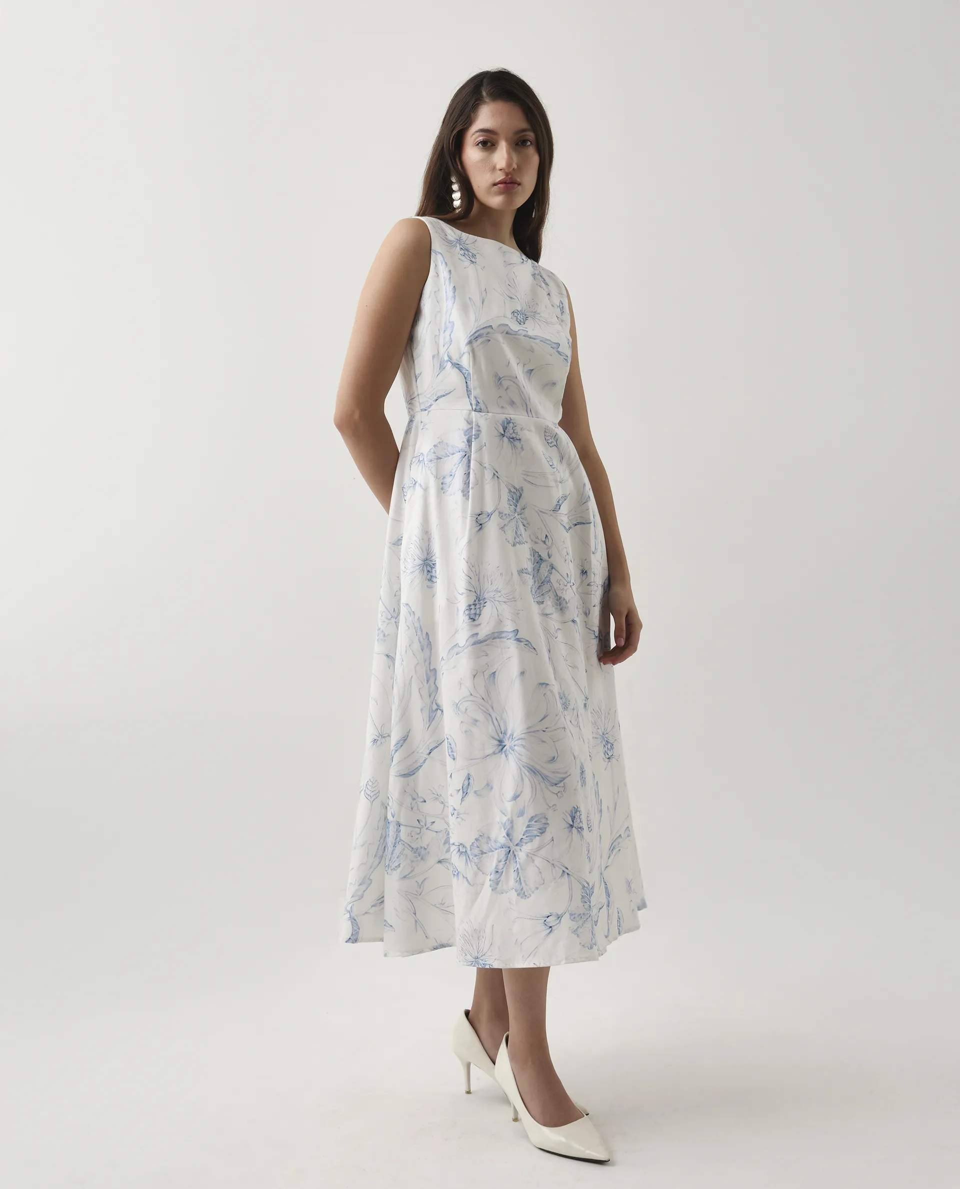 Rareism Women's Jensit Off White Cotton Blend Boat Neck Fit And Flare Printed Midi Dress - Image 7