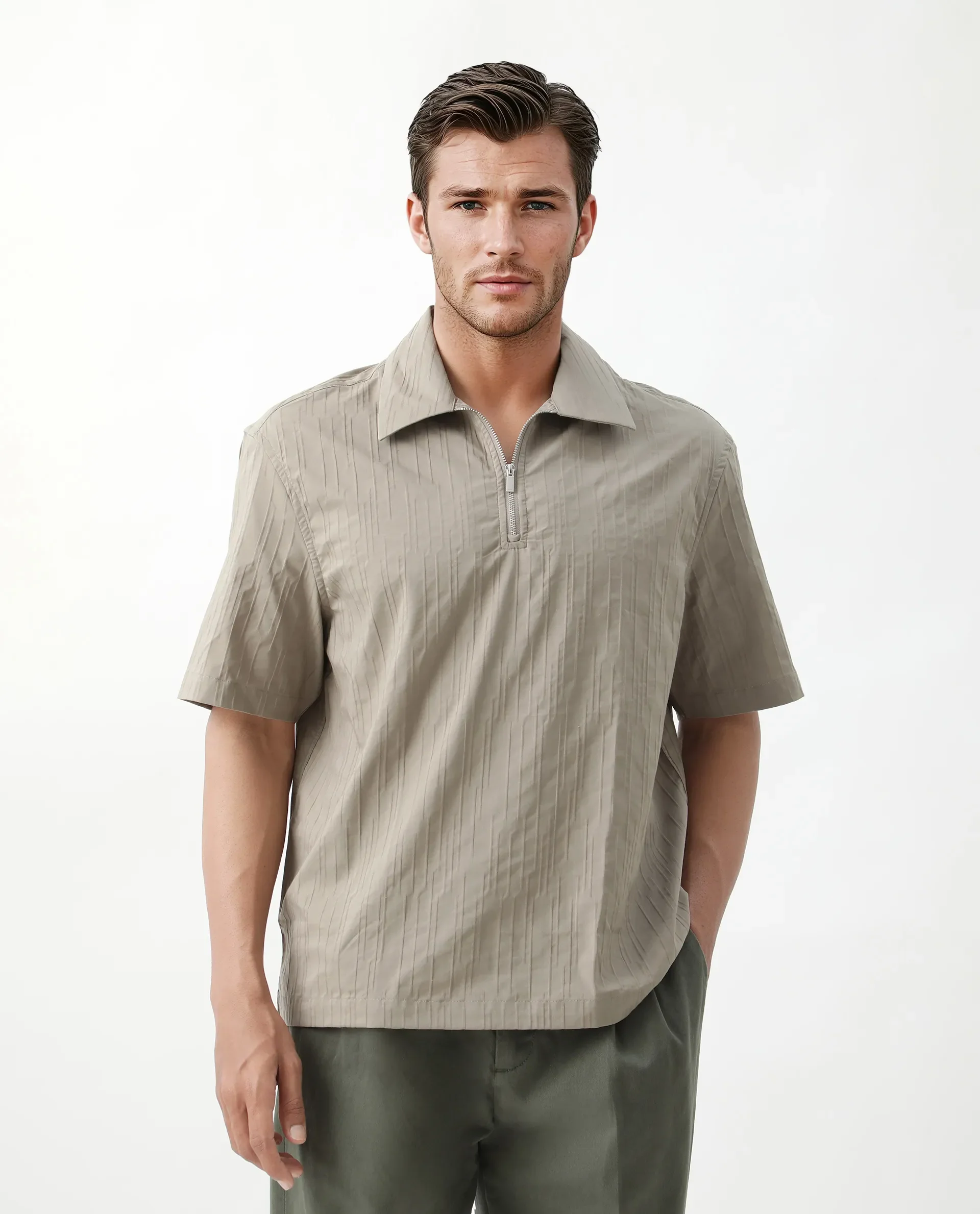 Rare Rabbit Men's Jern Dusky Grey Poly Blend Striped Print Relaxed Fit Half Sleeve Collared Shirt - Image 3