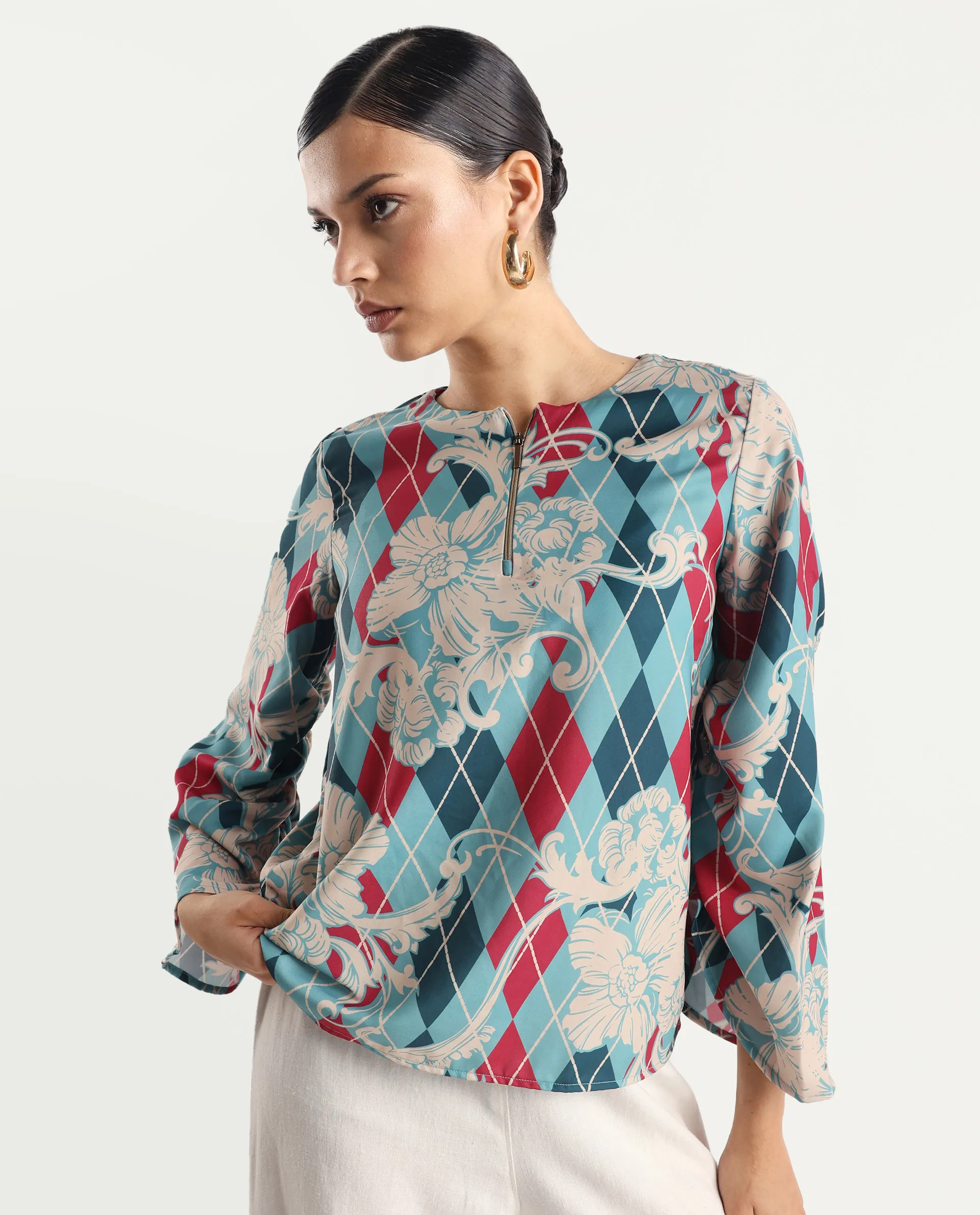 Rareism Women's Jiko Multi Satin Round Neck Geometric Print Volume Sleeve Regular Fit Top