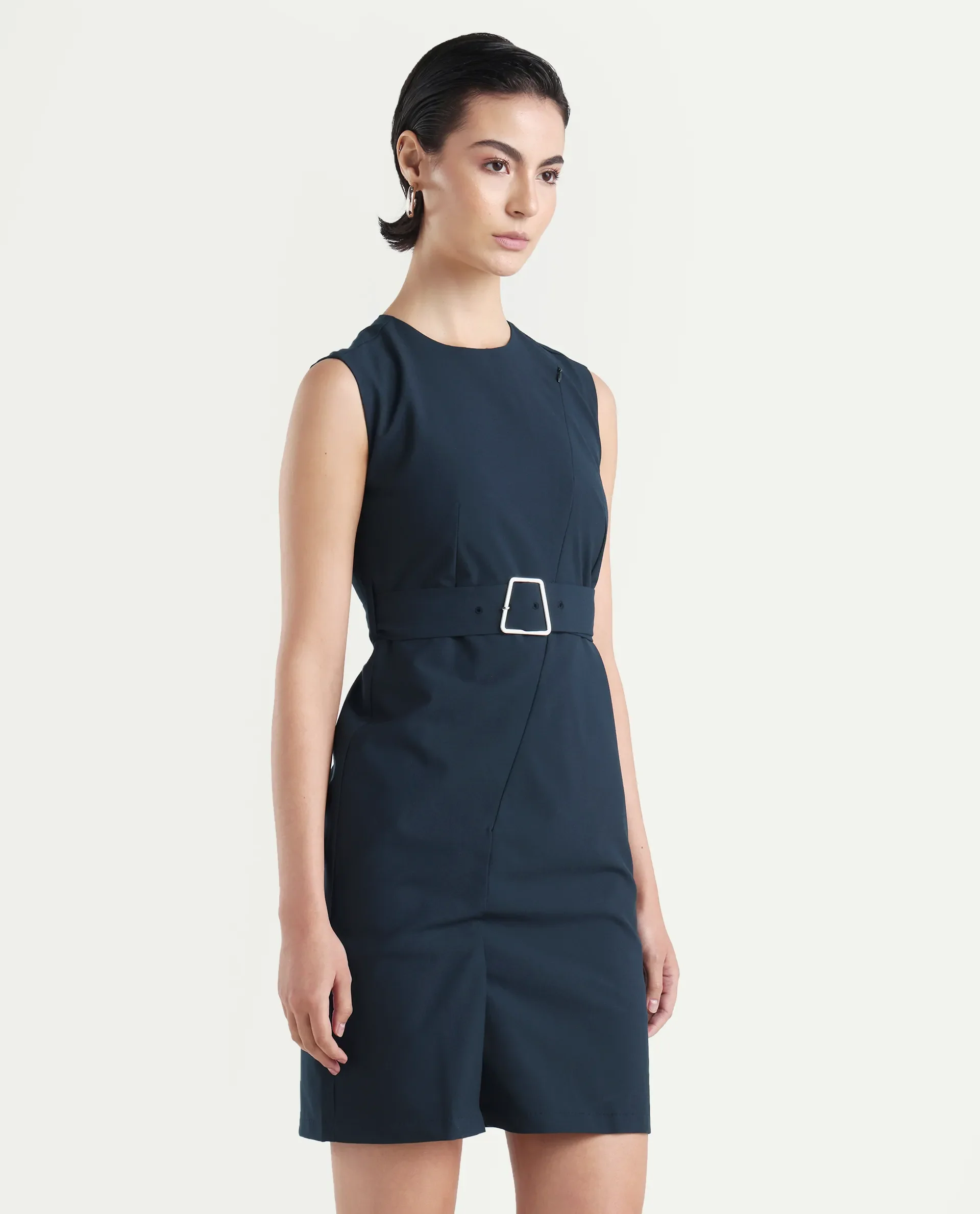 Rareism Women's Jiky Navy Cotton Blend Sleeveless Round Neck Fitted Fit Plain Dress - Image 6