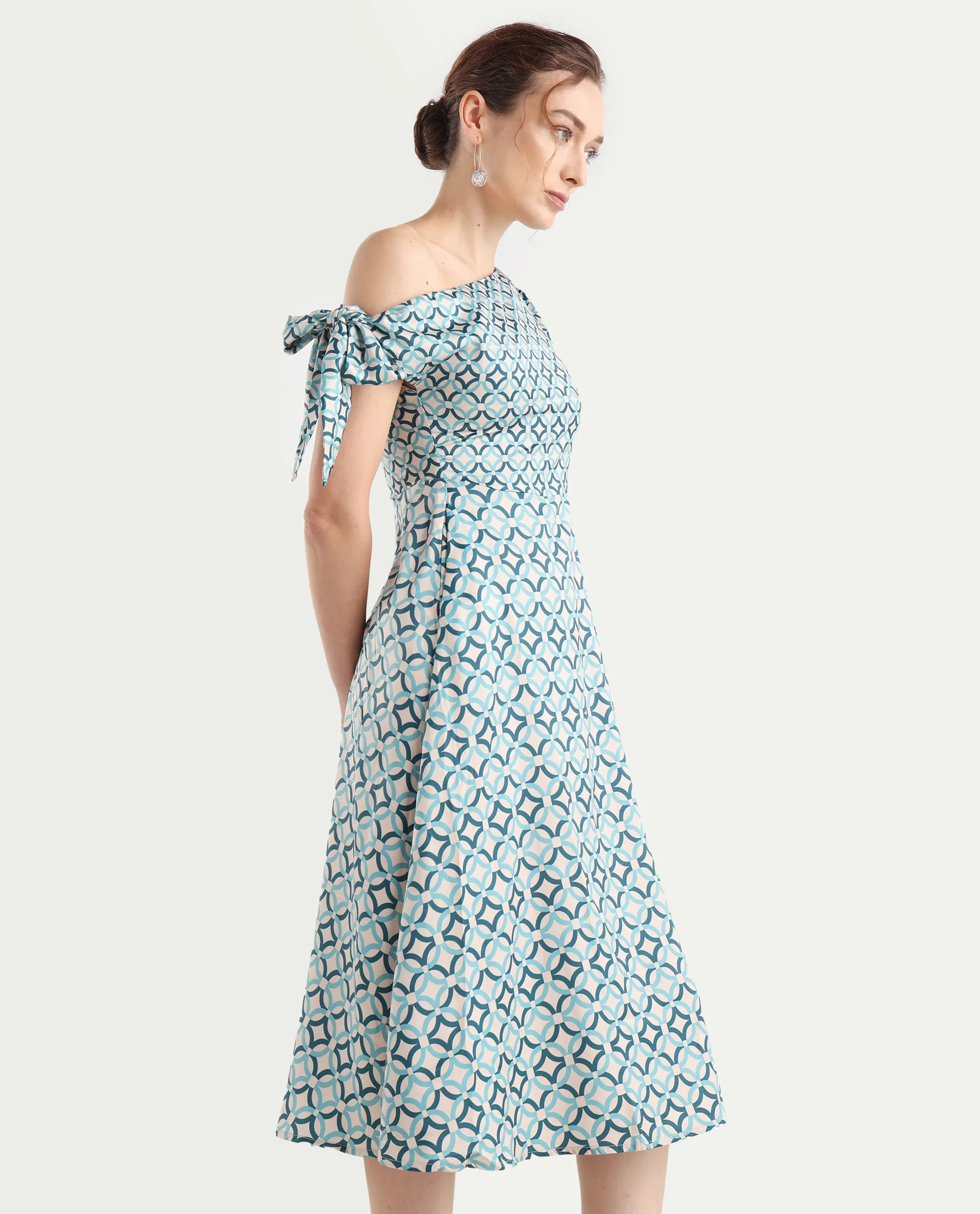 Rareism Women's Jinican Light Multi Satin Asymmetric Neck Geometric Print Tie Up Sleeve Midi Asymmetric Dress