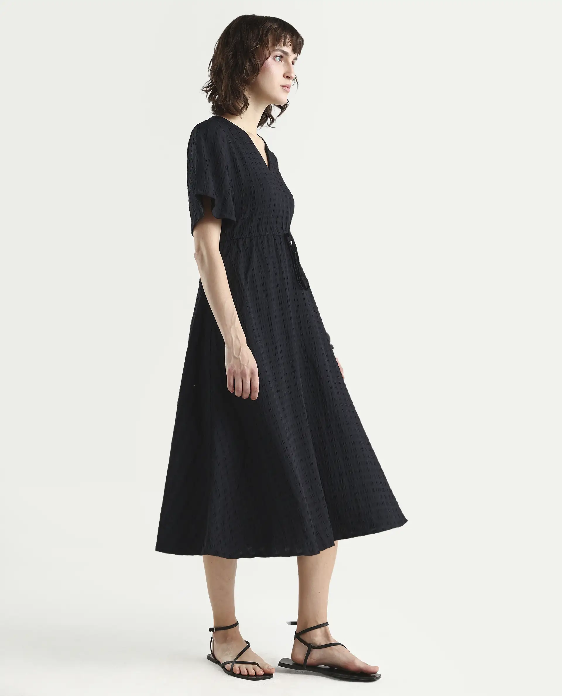 Rareism Women's Jiop Black Cotton Blend Plain Fit And Flare Dress - Image 6