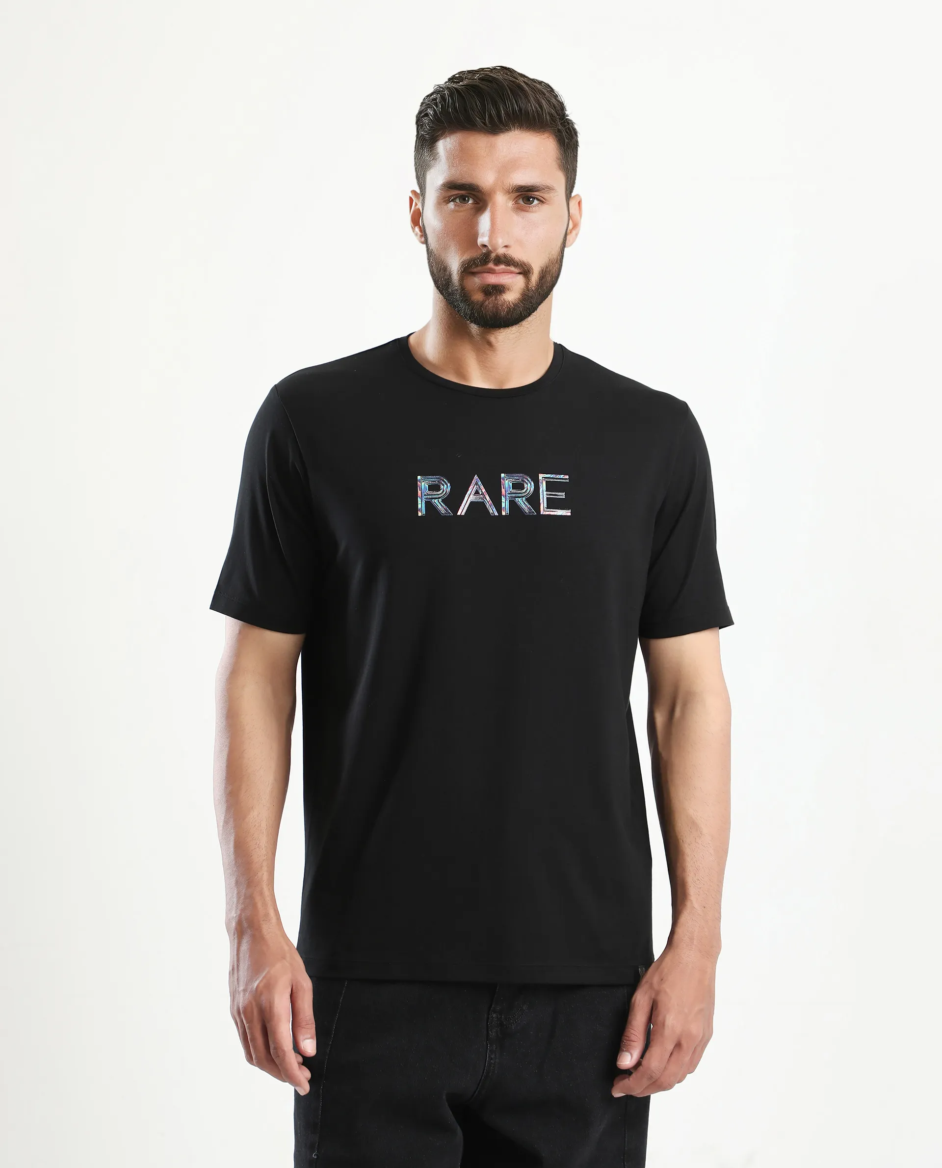 Rare Rabbit Men's Jolt Black Cotton Blend Graphic Print Regular Fit Half Sleeve Crew Neck T-Shirt
