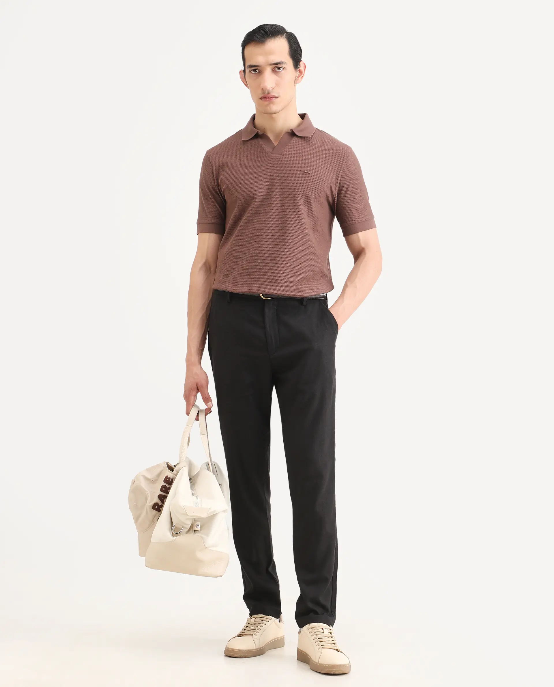 Rare Rabbit Men's Jomo-Ss26 Black Linen Blend Fabric Regular Fit Plain Trouser