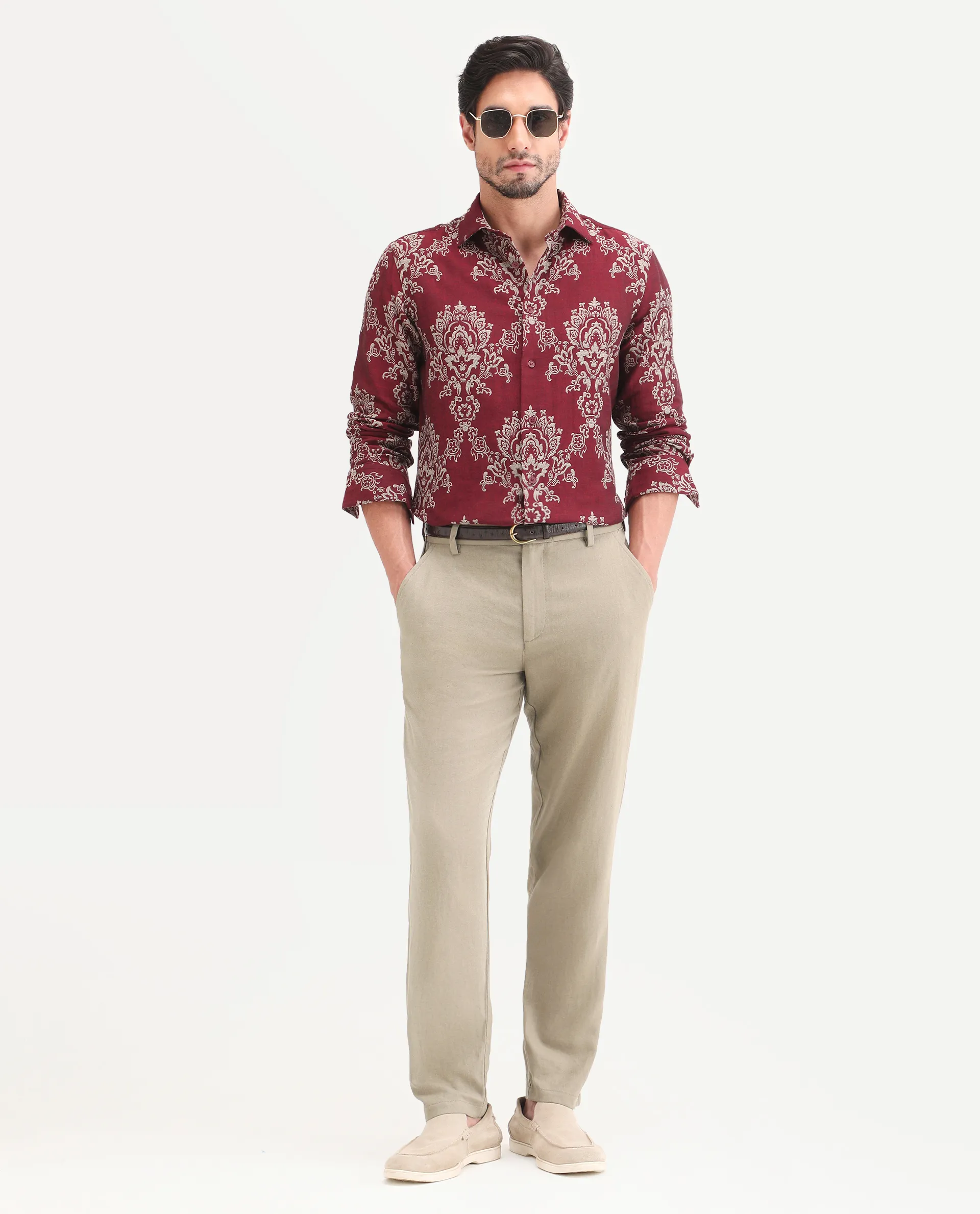 Rare Rabbit Men's Jomo-Ss26 Khaki Linen Blend Fabric Regular Fit Plain Trouser