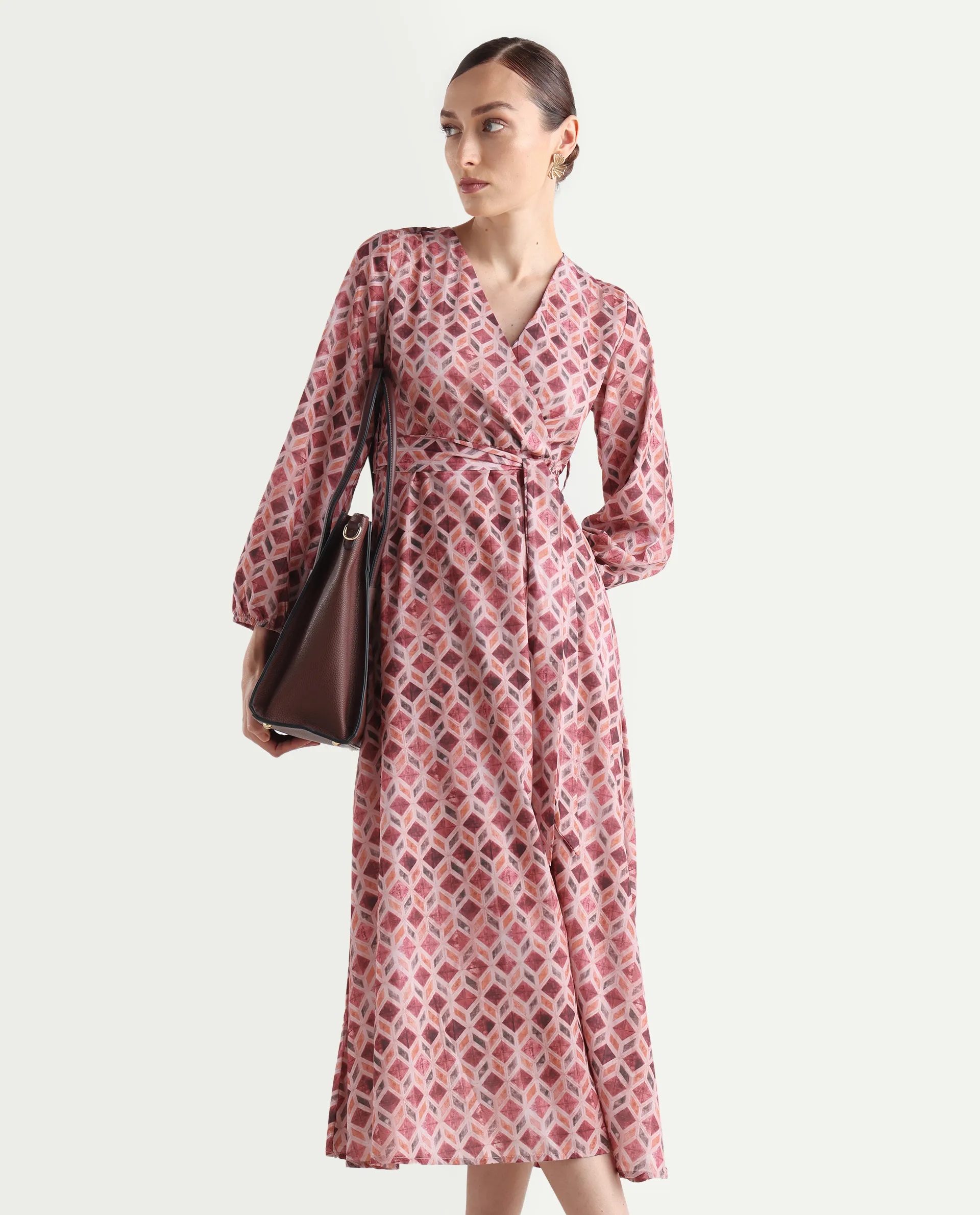 Rareism Women's Jorci Multi Polyester Overlap Neck Geometric Print Bishop Sleeve Maxi Fit And Flare Dress - Image 2