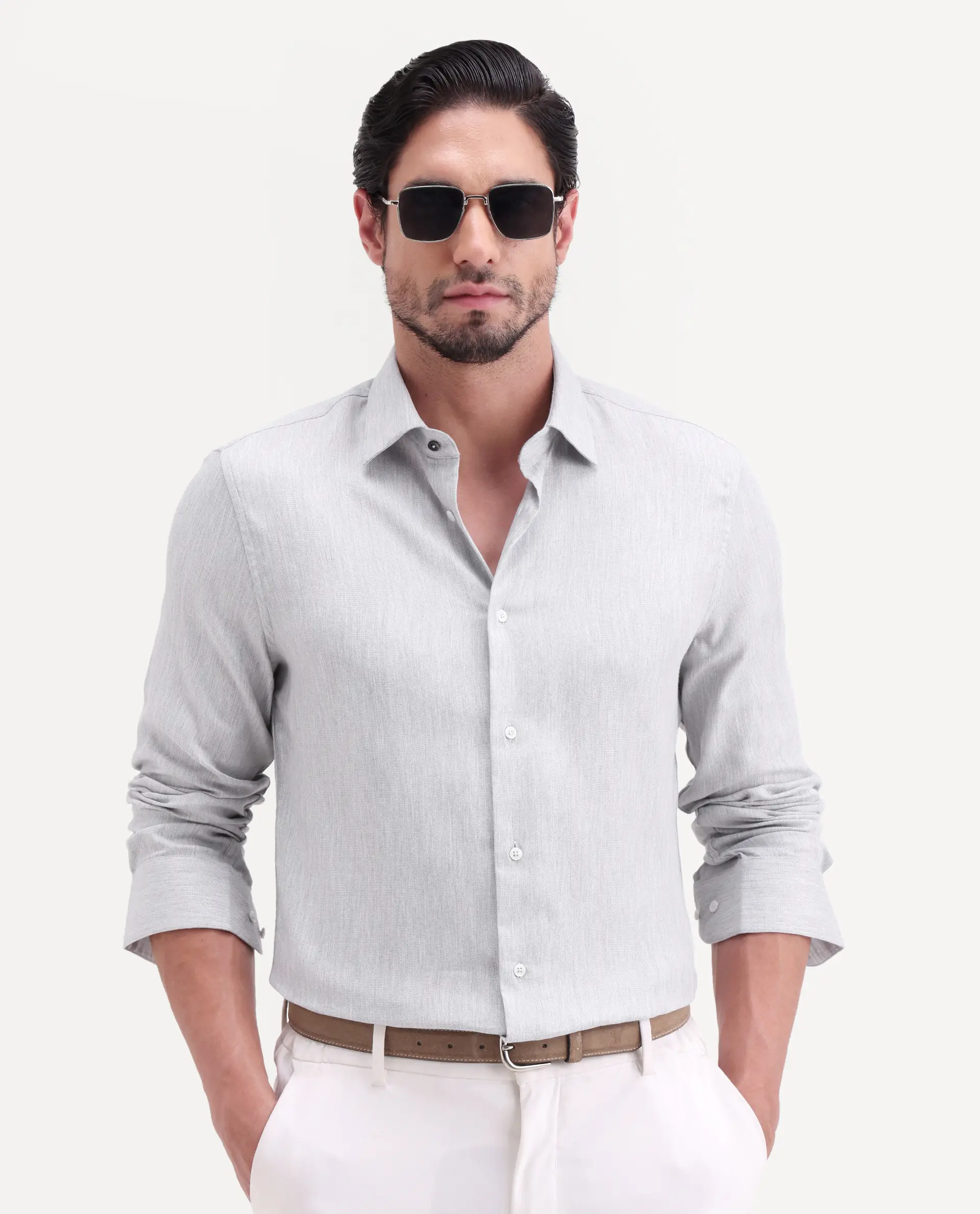 Rare Rabbit Men's Jovi Light Grey Cotton Blend Fabric Full Sleeve Spread Collar Button Regular Plain Shirt