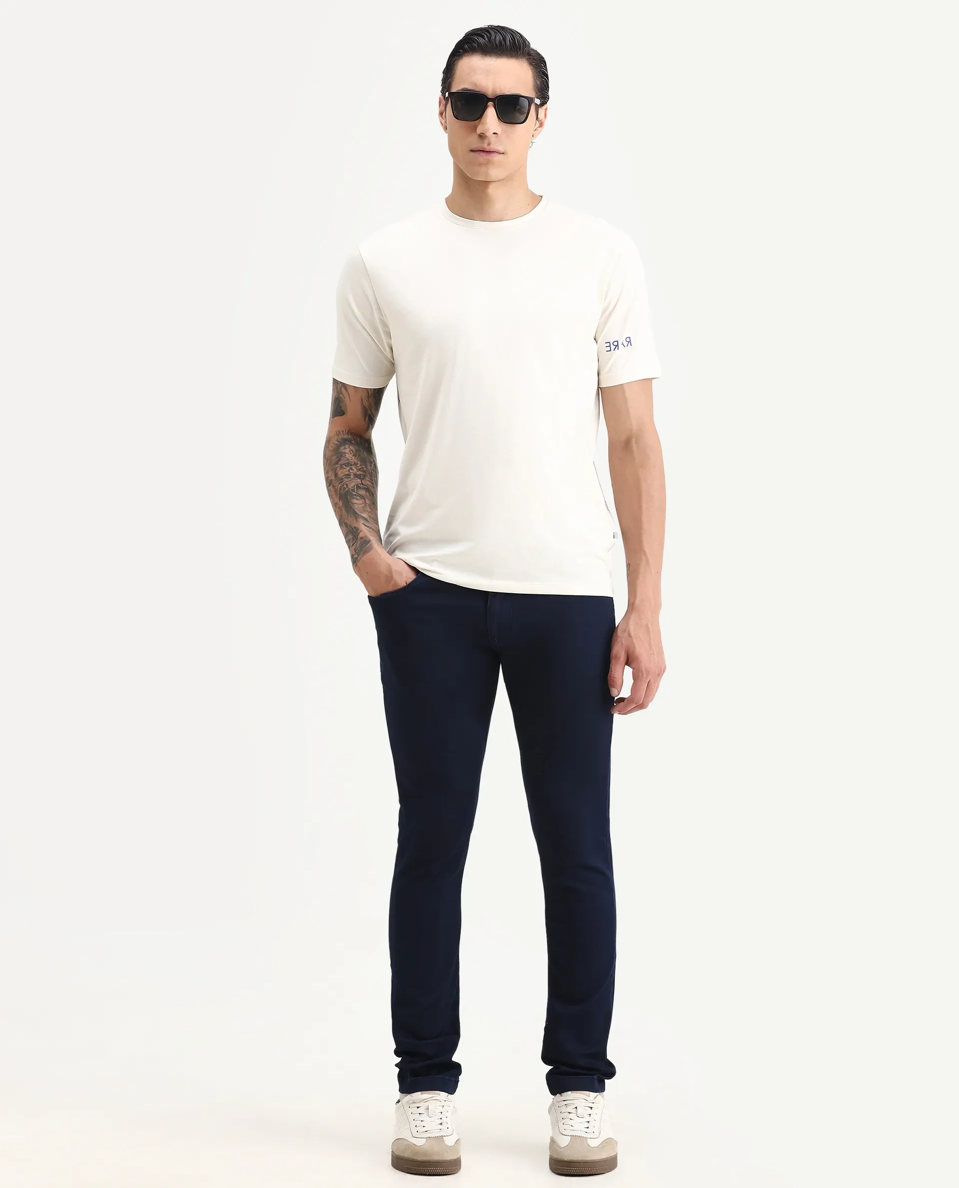 Rare Rabbit Men's Jules Blue Cotton Blend Plain Hawk Slim Fit Jeans