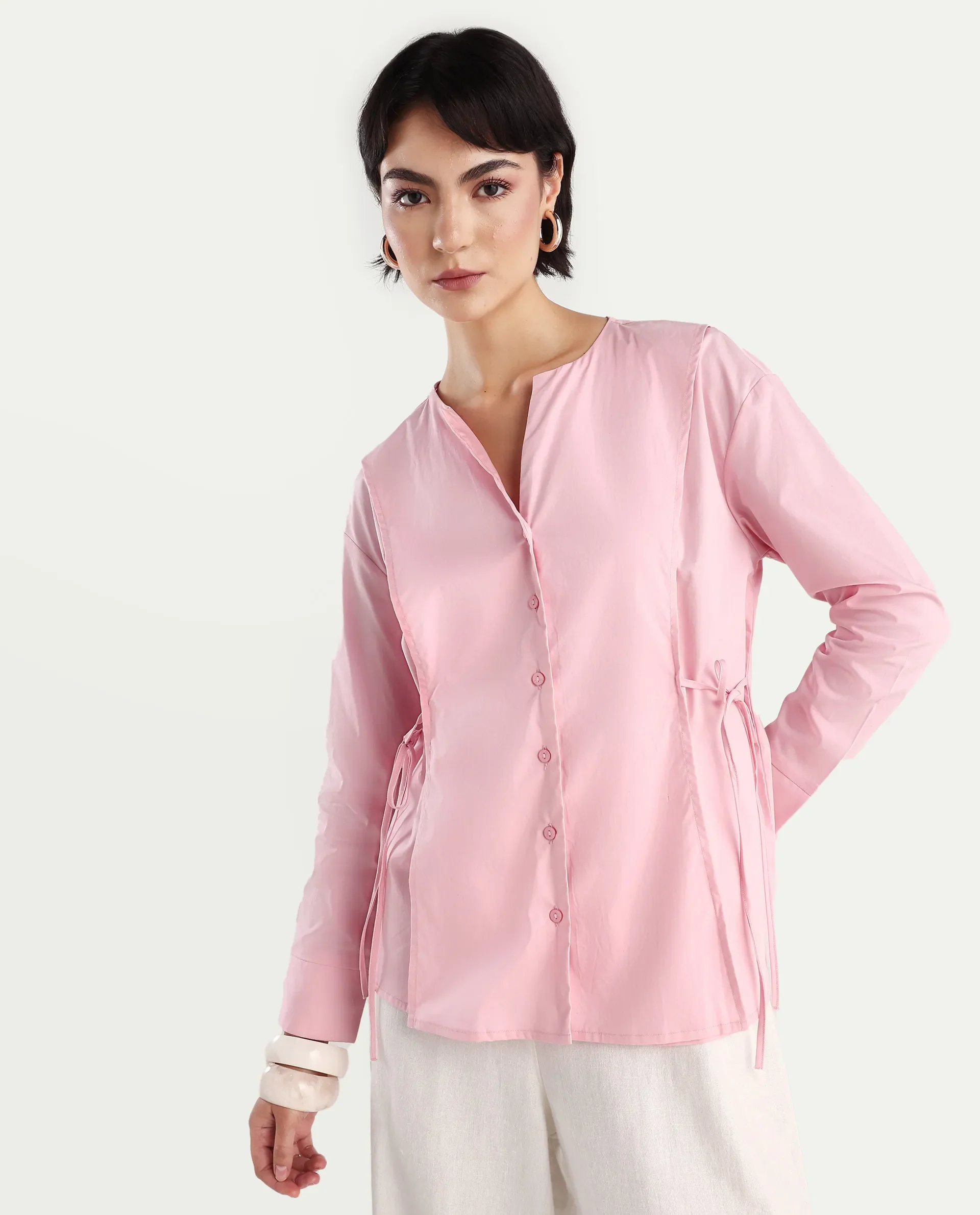 Rareism Women's Juniv Light Pink Cotton Blend Crew Neck Plain Cuffed Sleeve Regular Fit Top