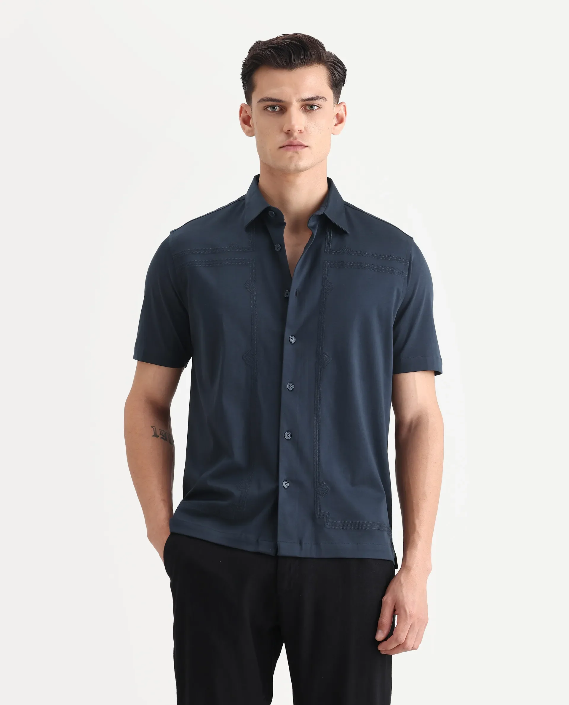 Rare Rabbit Men's Jupi Navy Cotton Fabric Spread Collar Regular Fit Embroidered Shirt