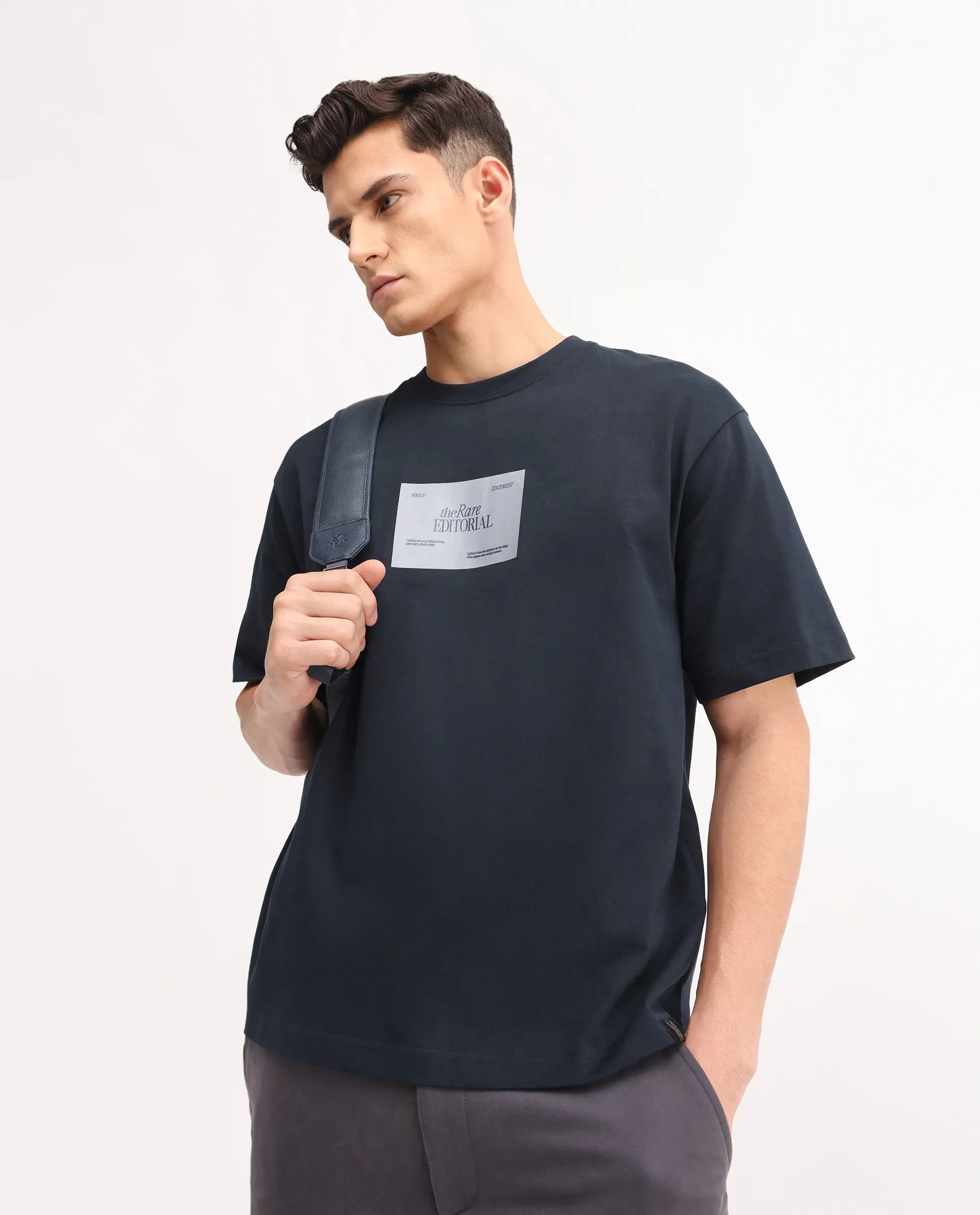 Rare Rabbit Men's Justin Navy Cotton Graphic Print Oversized Fit Half Sleeve Crew Neck T-Shirt
