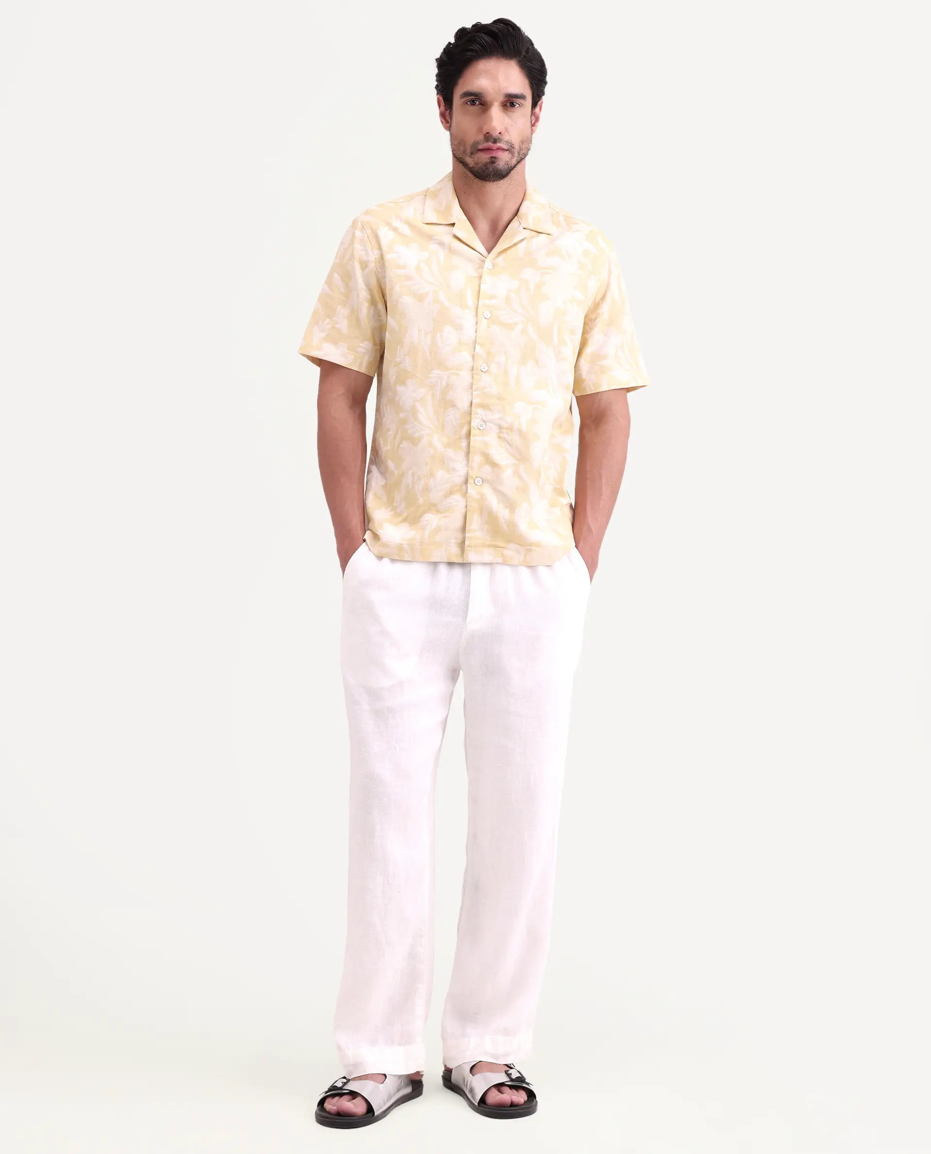 Rare Rabbit Men's Jyst Yellow Linen Blend Half Sleeve Cuban Collar Regular Fit Jacquard Shirt - Image 2