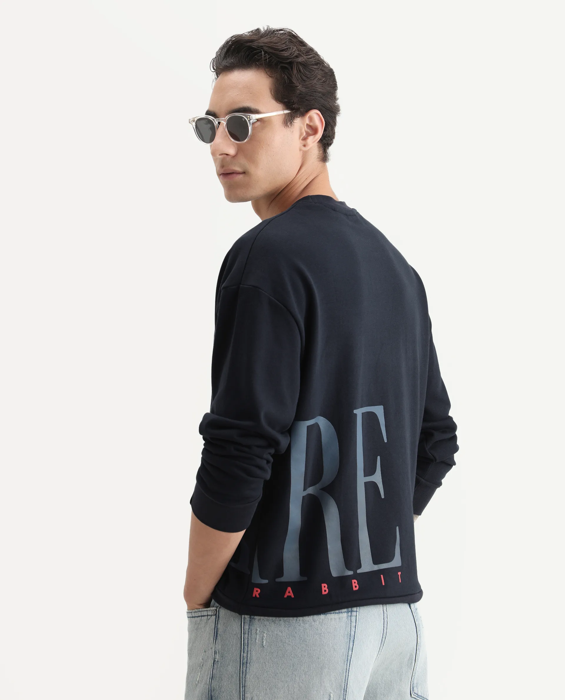 Rare Rabbit Men's Kacey Navy Cotton Graphic Print Oversized Fit Full Sleeve Crew Neck Sweatshirt