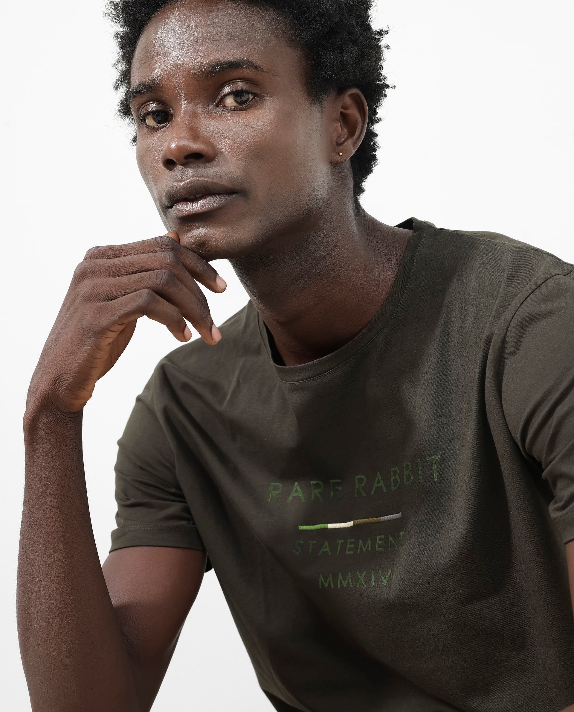Rare Rabbit Men's Kael Olive Cotton Blend Graphic Print Regular Fit Half Sleeve Crew Neck T-Shirt - Image 2