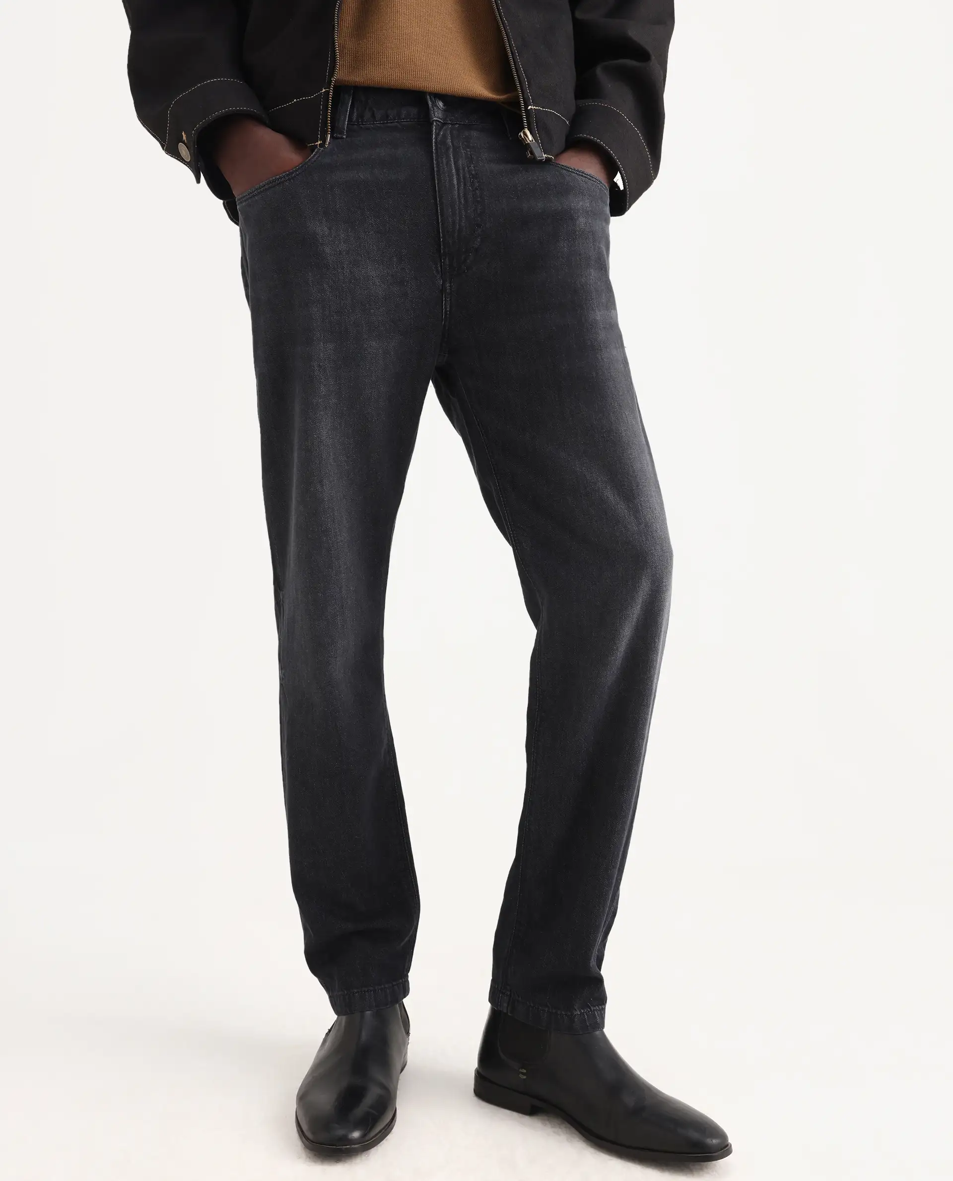 Rare Rabbit Men's Kairo-1 Black Cotton Plain Kurt Carrot Fit Jeans