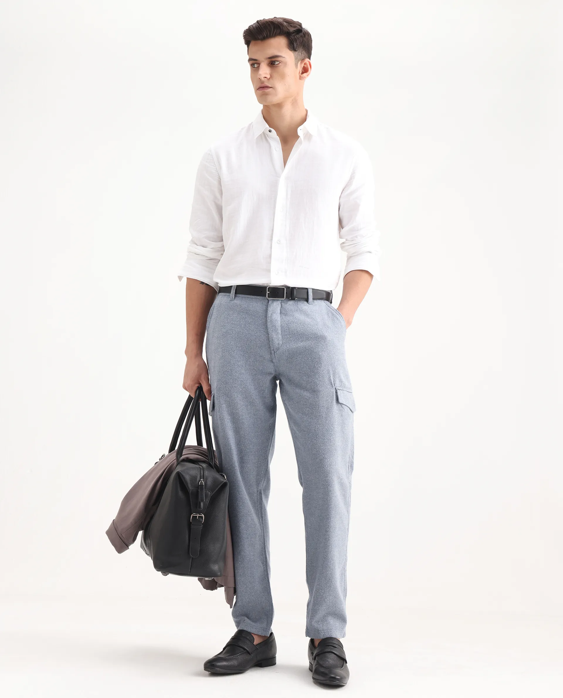 Rare Rabbit Men's Kalor Blue Cotton Plain Regular Fit Trouser