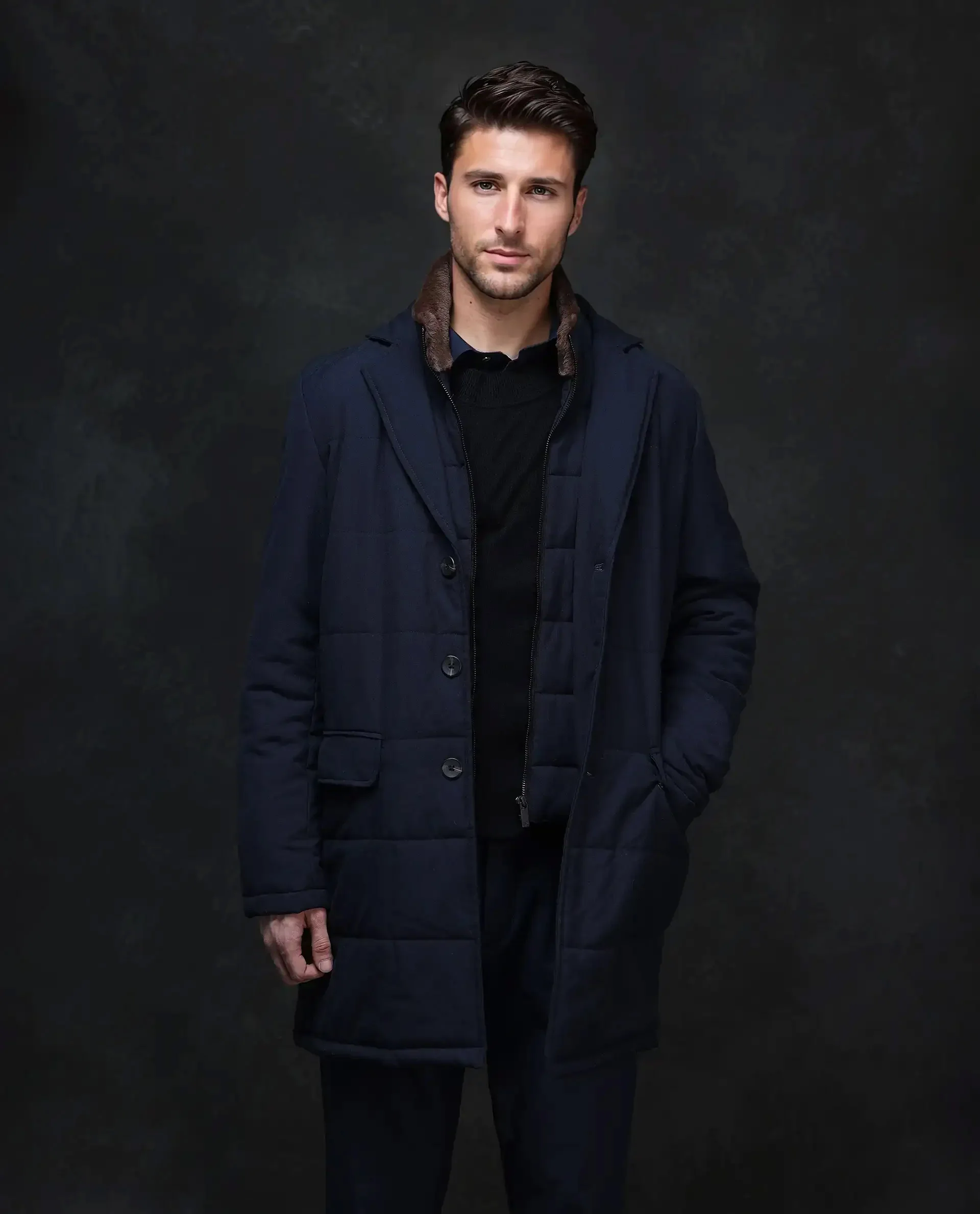 Rare Rabbit Men's Karlo Navy Polyester Plain Regular Fit Full Sleeve High Neck Jacket