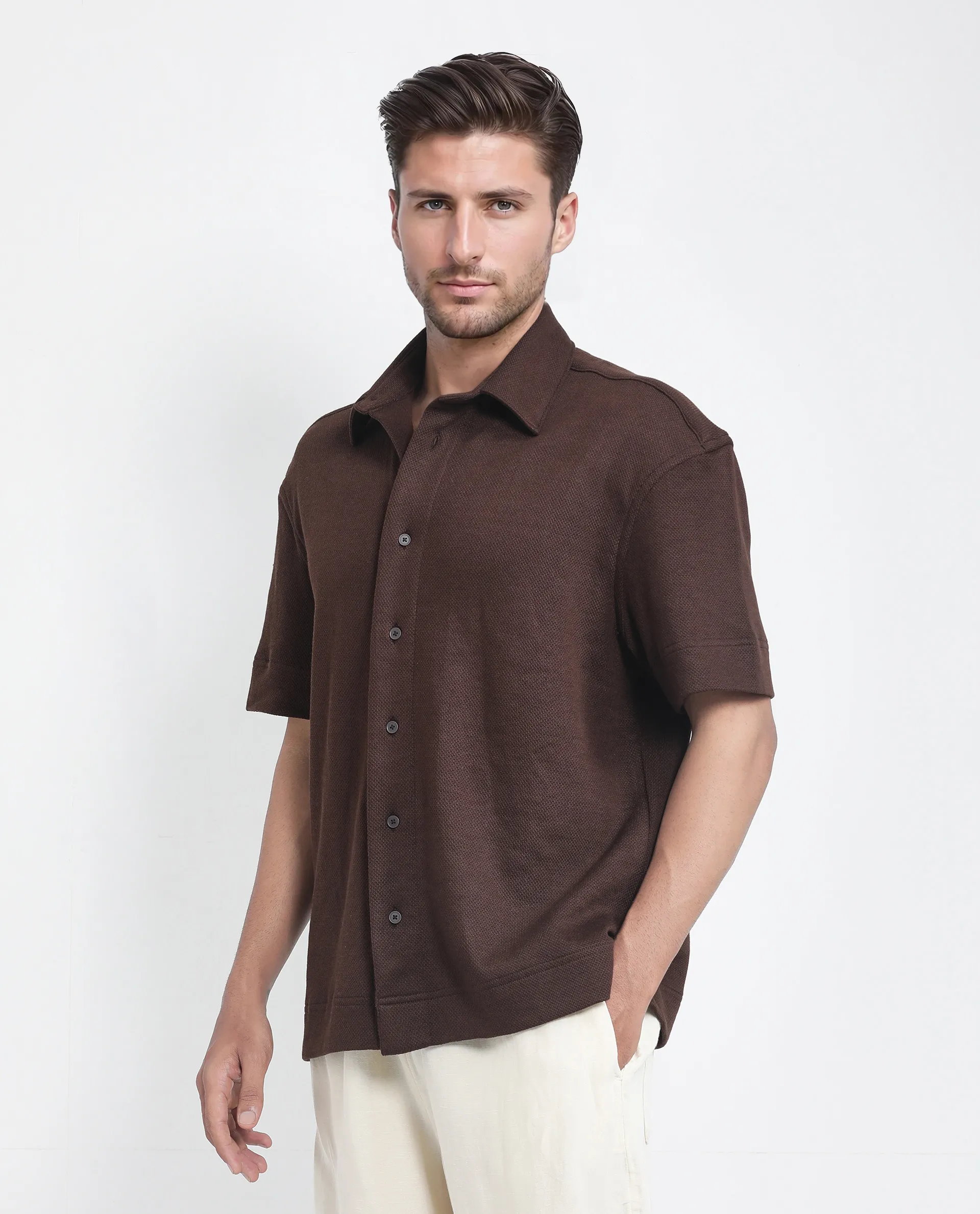 Rare Rabbit Men's Kash Brown Viscose Plain Boxy Fit Half Sleeve Collared Shirt