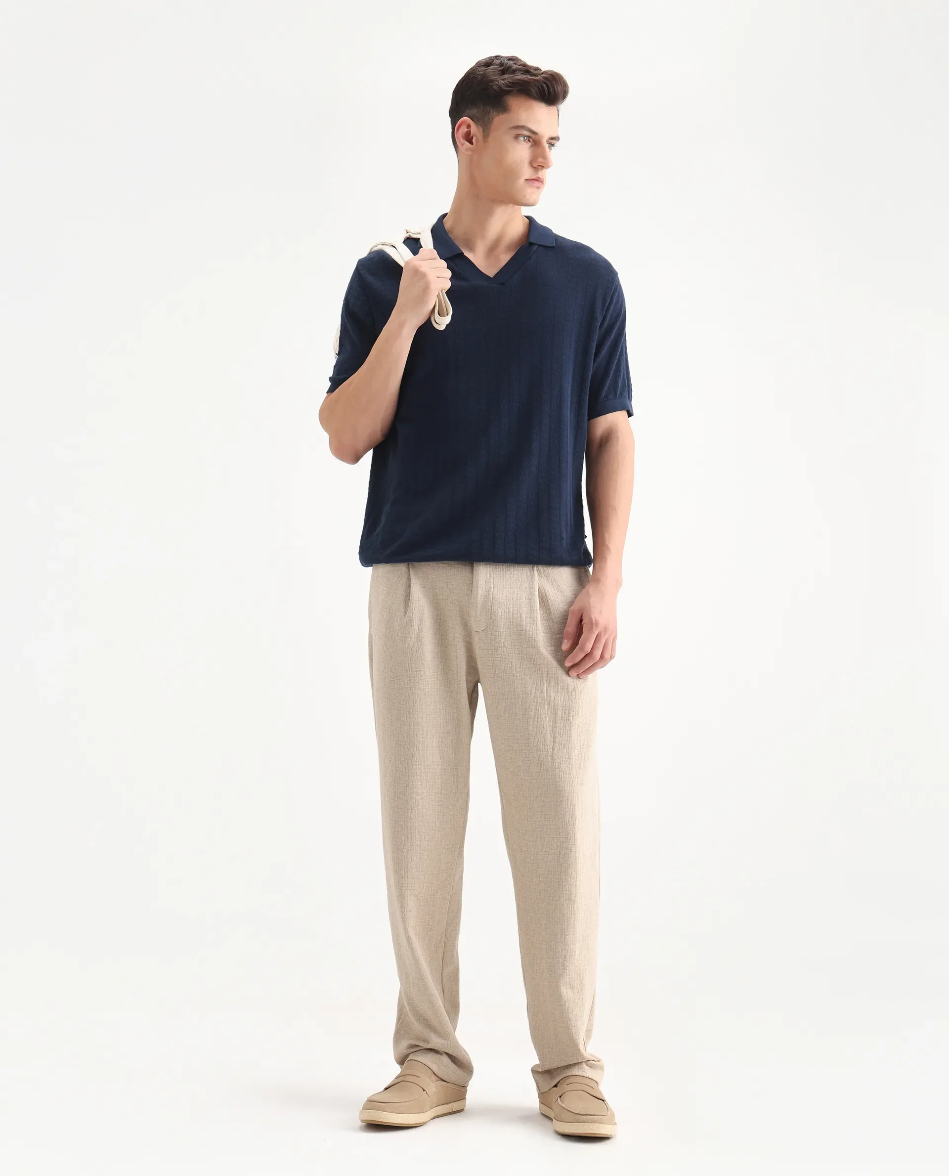 Rare Rabbit Men's Keloe Beige Cotton Blend Plain Relaxed Fit Trouser