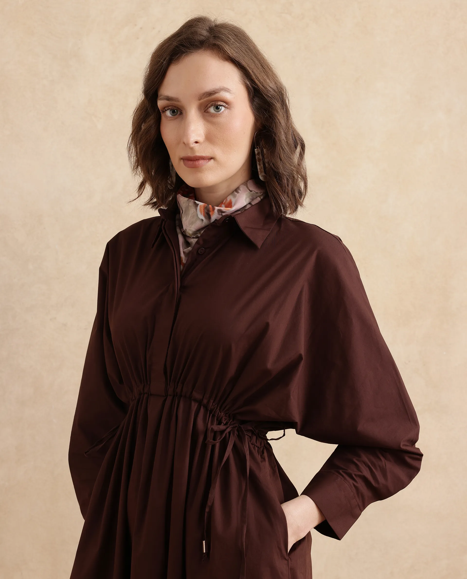 Rareism Women's Kercet Brown Cotton Blend Spread Collar Plain Kimono Sleeve Maxi Fit And Flare Dress - Image 2