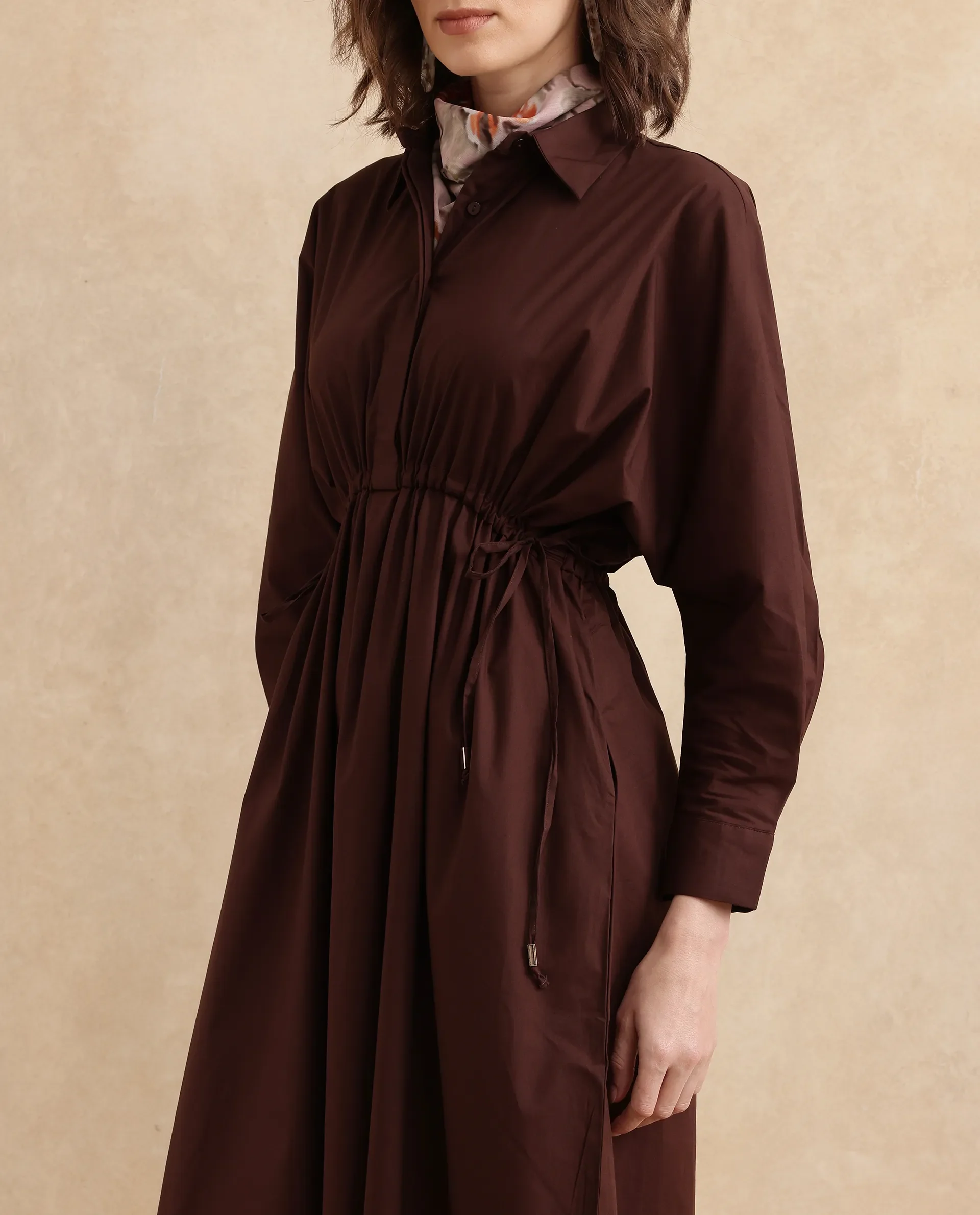 Rareism Women's Kercet Brown Cotton Blend Spread Collar Plain Kimono Sleeve Maxi Fit And Flare Dress - Image 3
