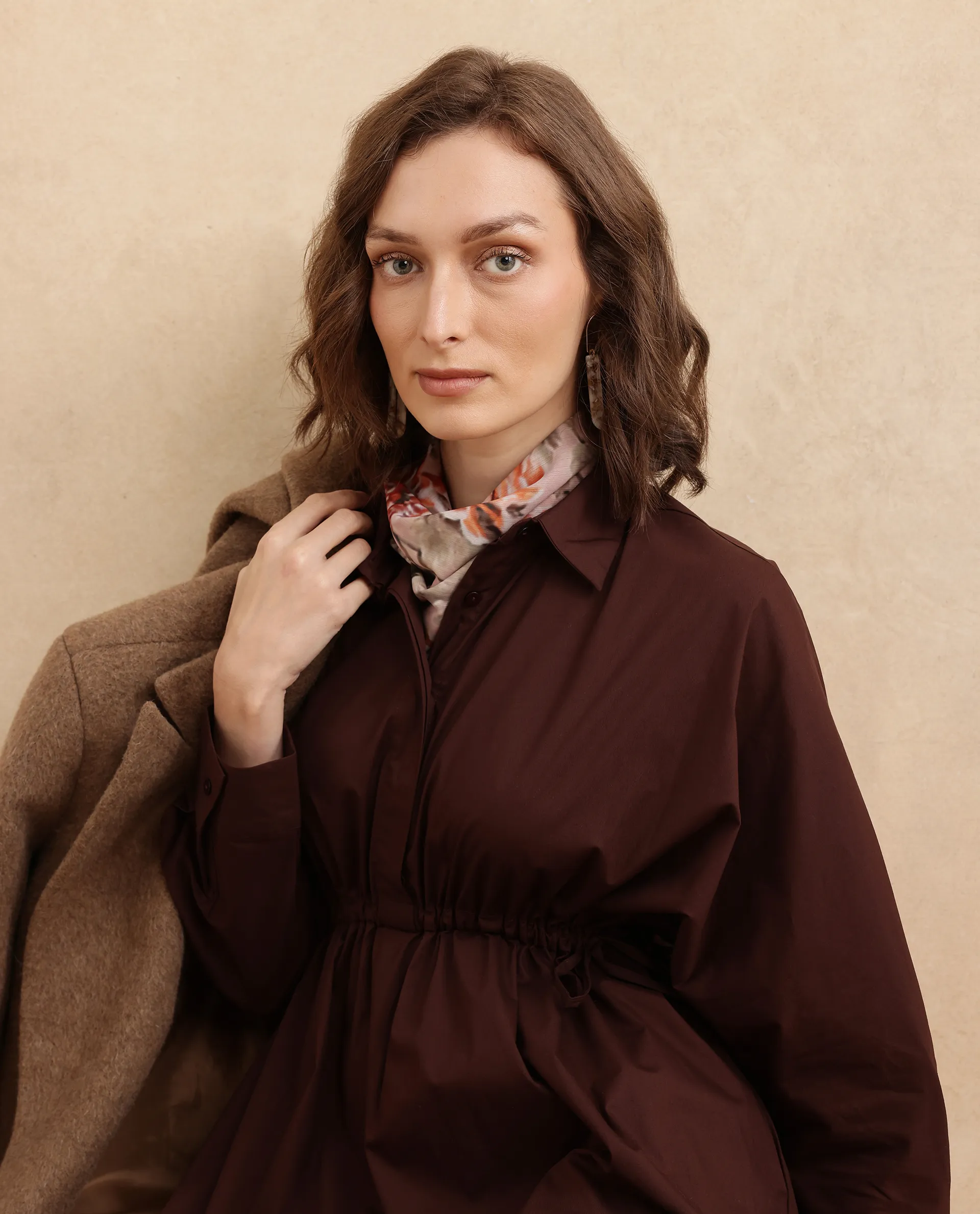 Rareism Women's Kercet Brown Cotton Blend Spread Collar Plain Kimono Sleeve Maxi Fit And Flare Dress - Image 4