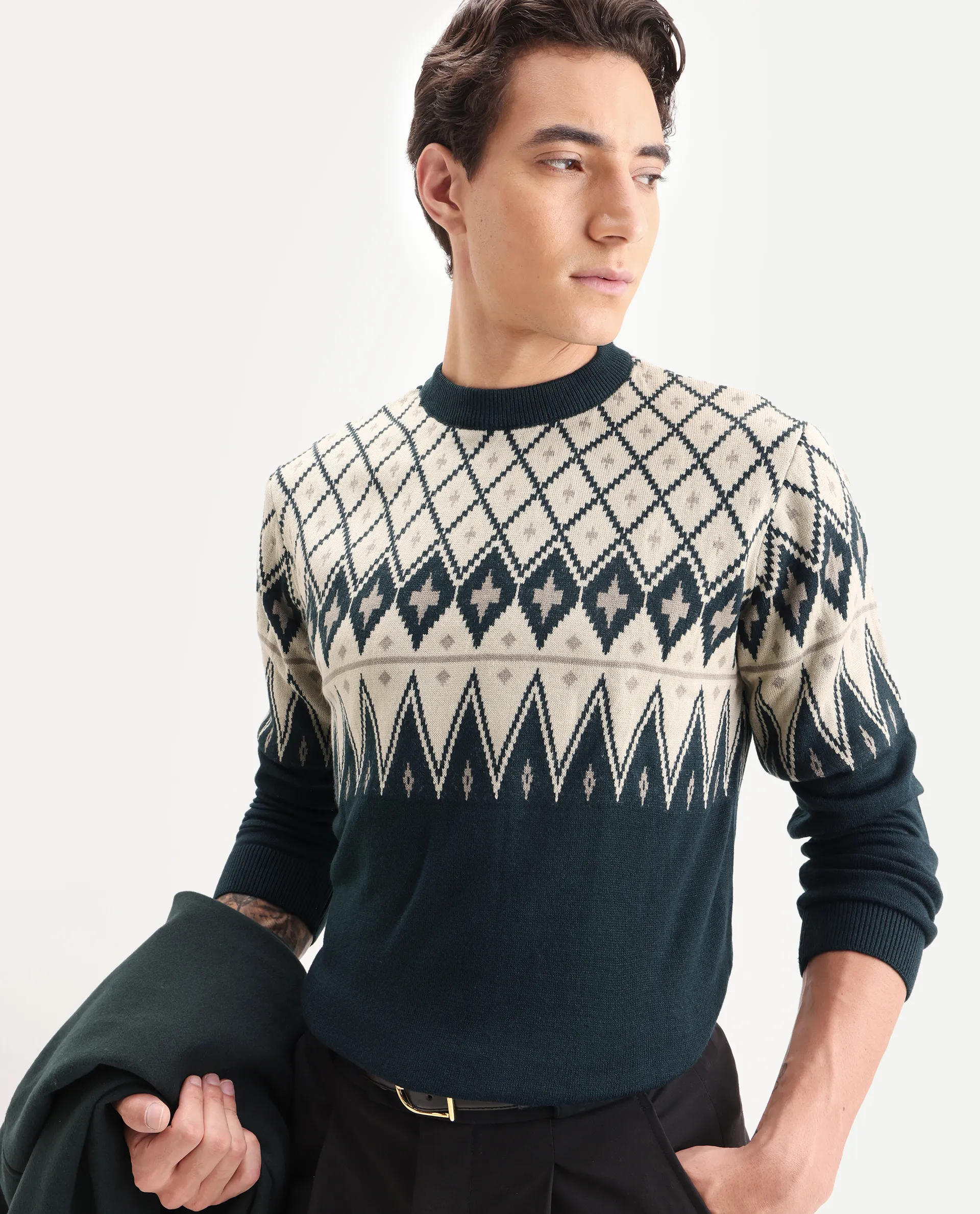 Rare Rabbit Men's Kezeck Navy Cotton Argyle Print Regular Fit Full Sleeve Crew Neck Sweater