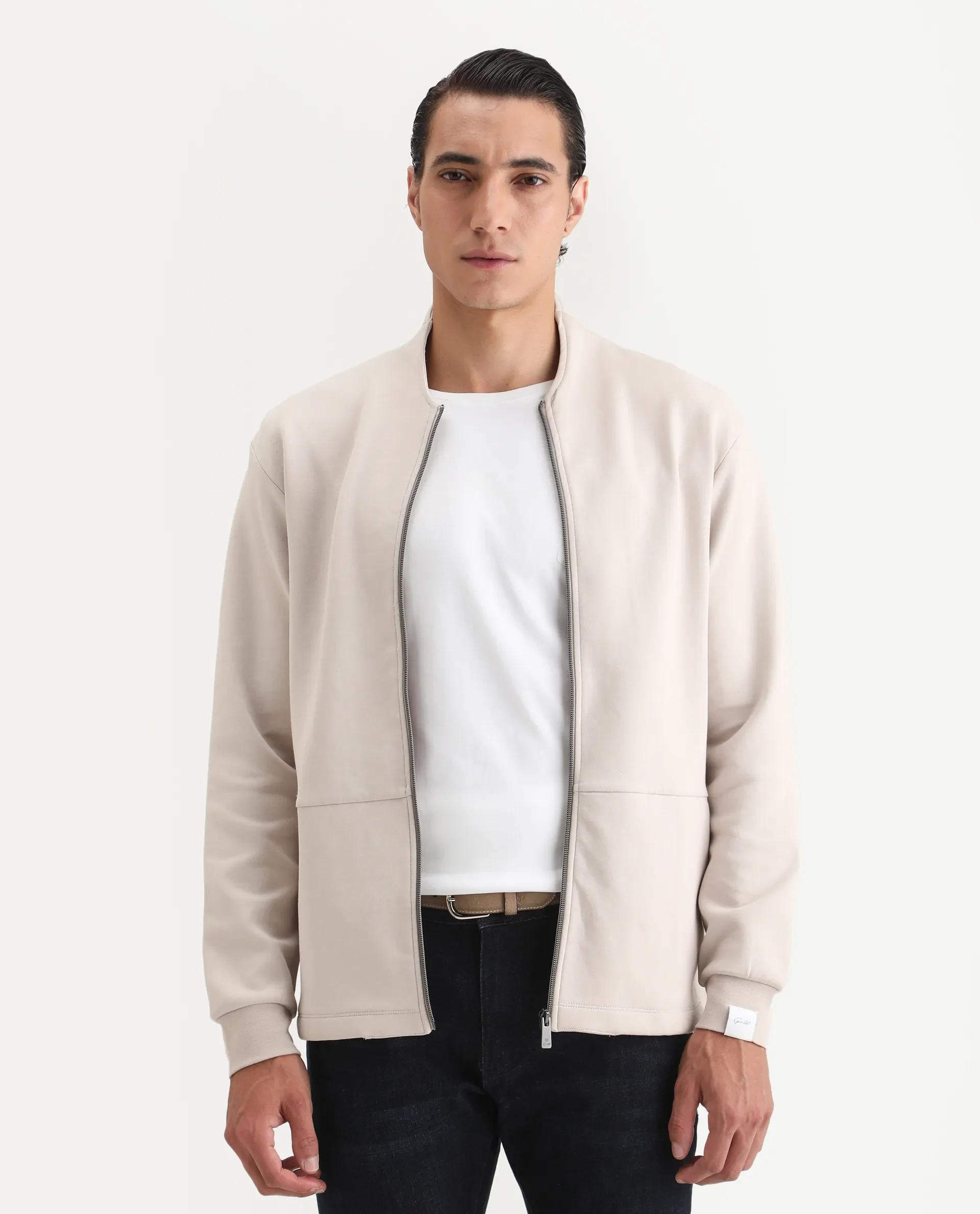 Rare Rabbit Men's Kezi Off White Cotton Blend Plain Regular Fit Full Sleeve High Neck Sweatshirt
