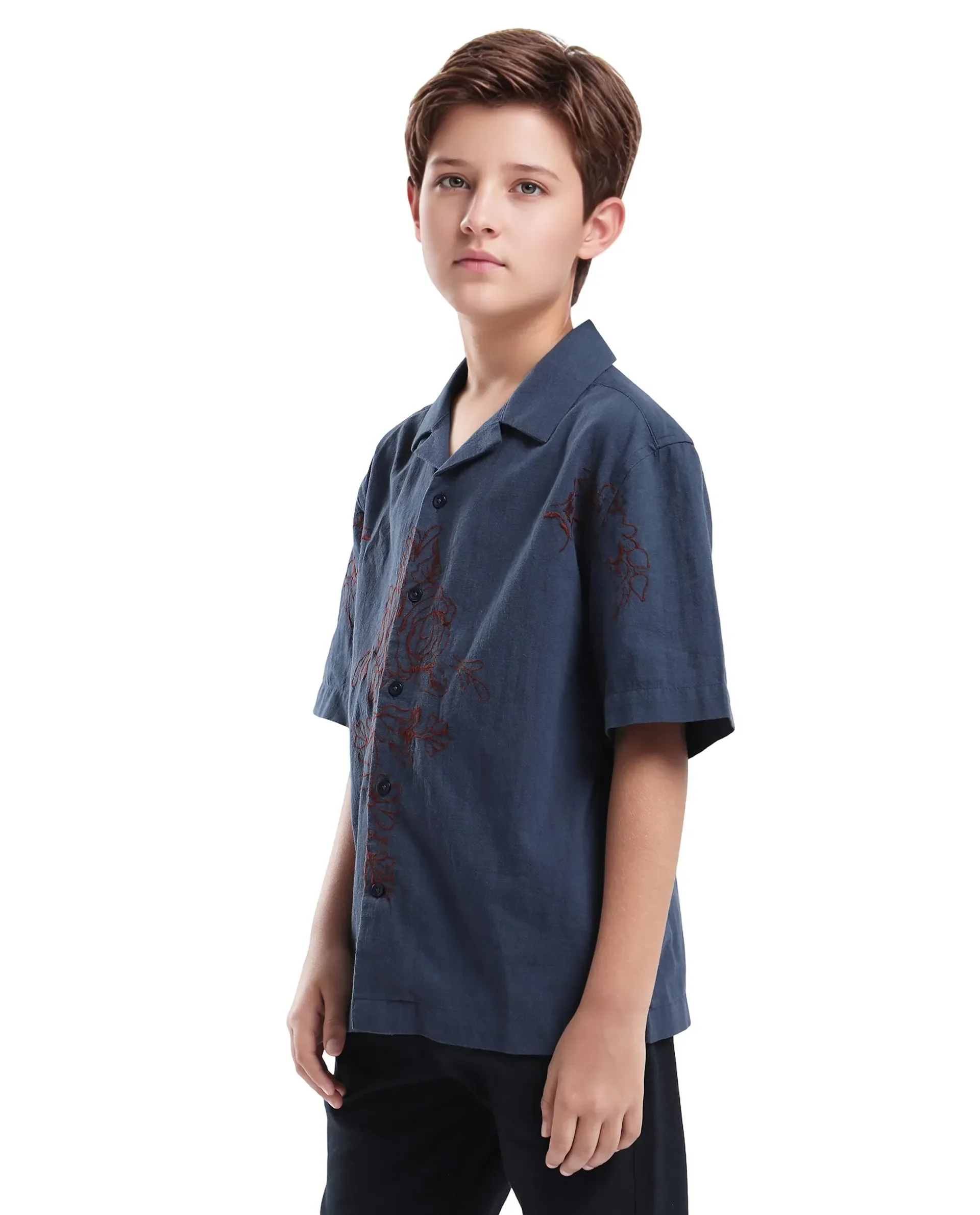 Rare Ones Kids Aria Dusky Blue Cotton Half Sleeve Embroidered Button Closure Regular Fit Shirt - Image 6