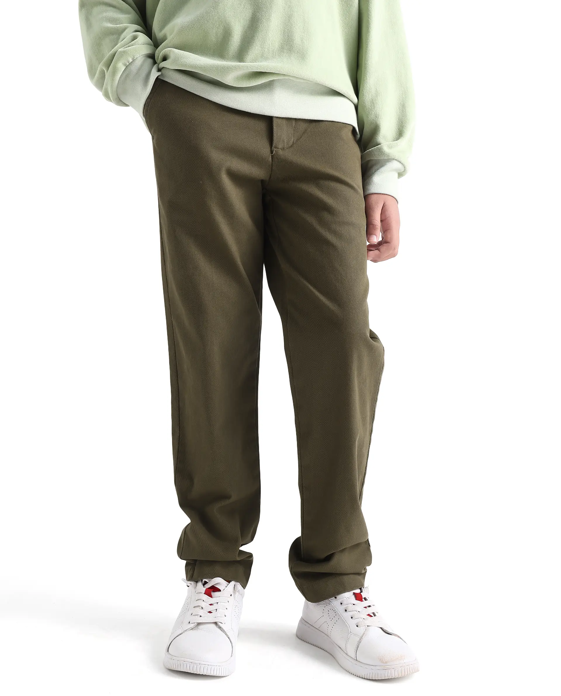 Rare Ones Kids Arne-K Olive Cotton Solid Button Closure Regular Fit Trouser - Image 2