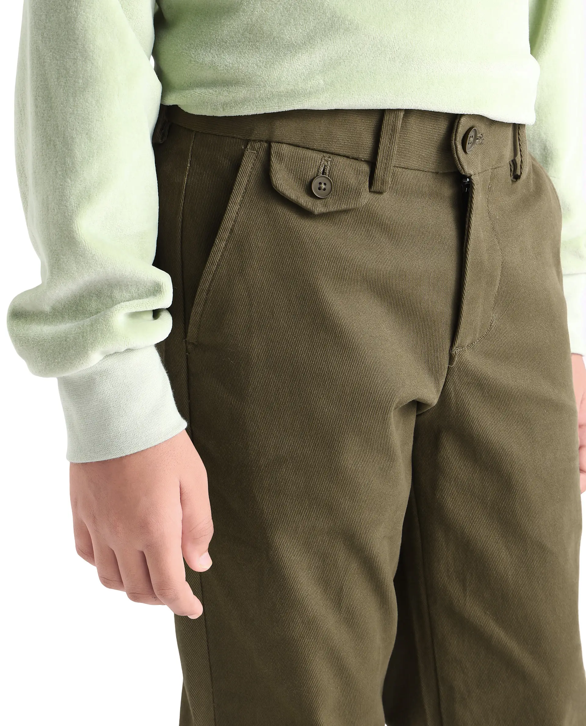 Rare Ones Kids Arne-K Olive Cotton Solid Button Closure Regular Fit Trouser - Image 3