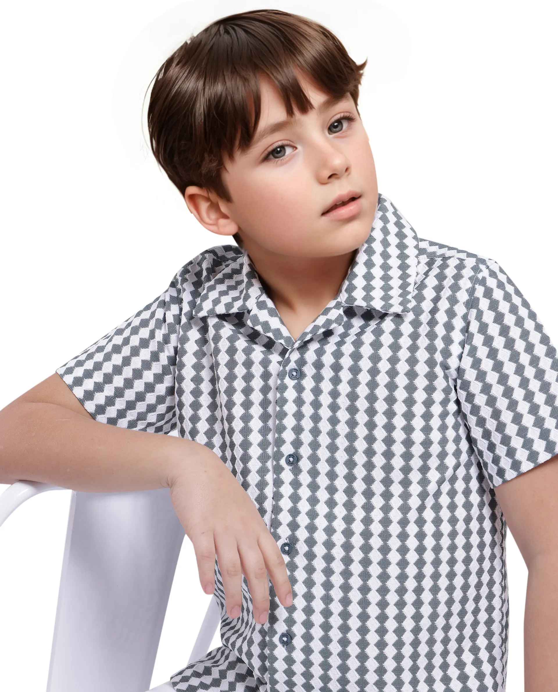 Rare Ones Kids Dion Green Polyester Short Sleeve Cuban Collar Regular Fit Jacquard Shirt
