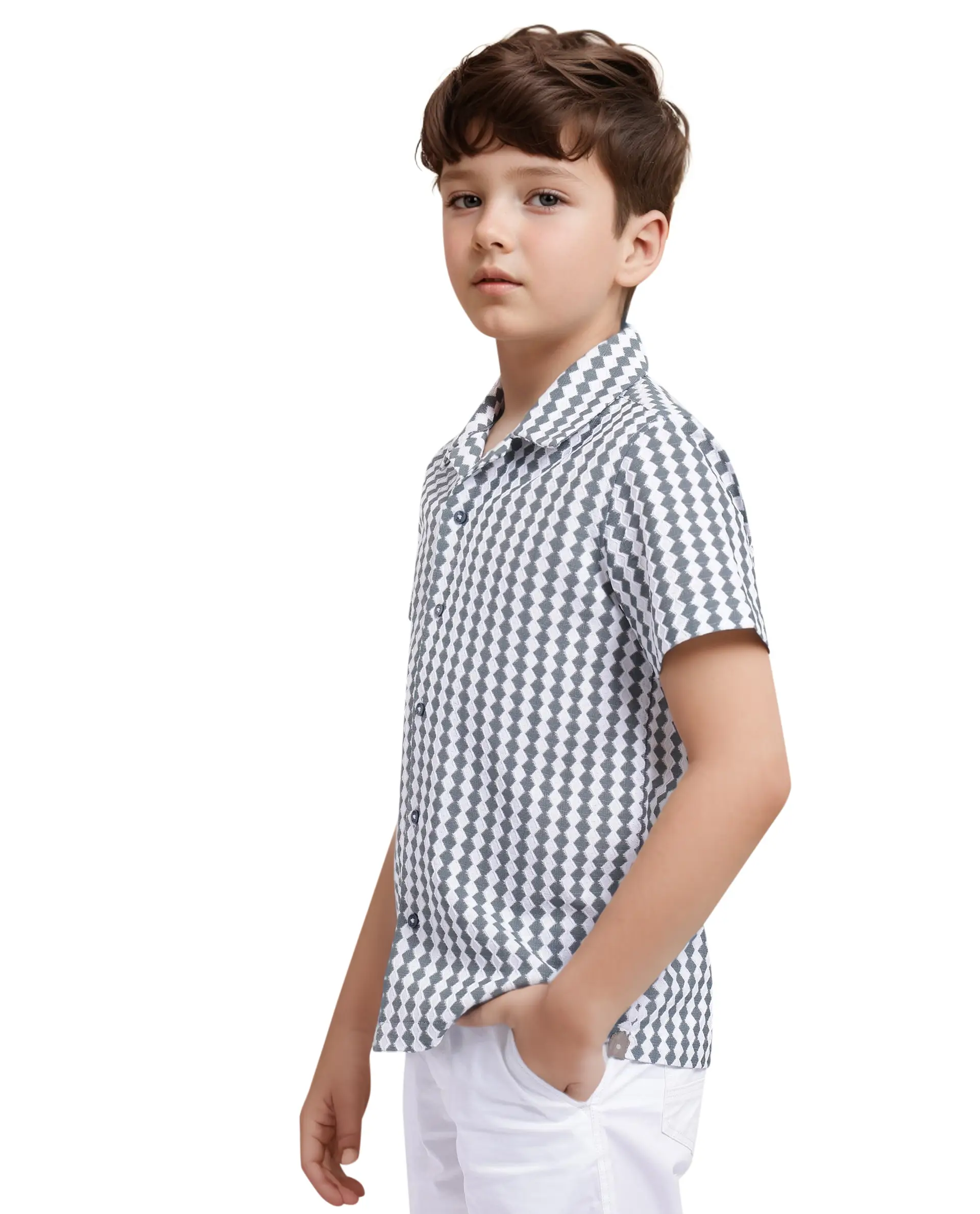 Rare Ones Kids Dion Green Polyester Short Sleeve Cuban Collar Regular Fit Jacquard Shirt - Image 7