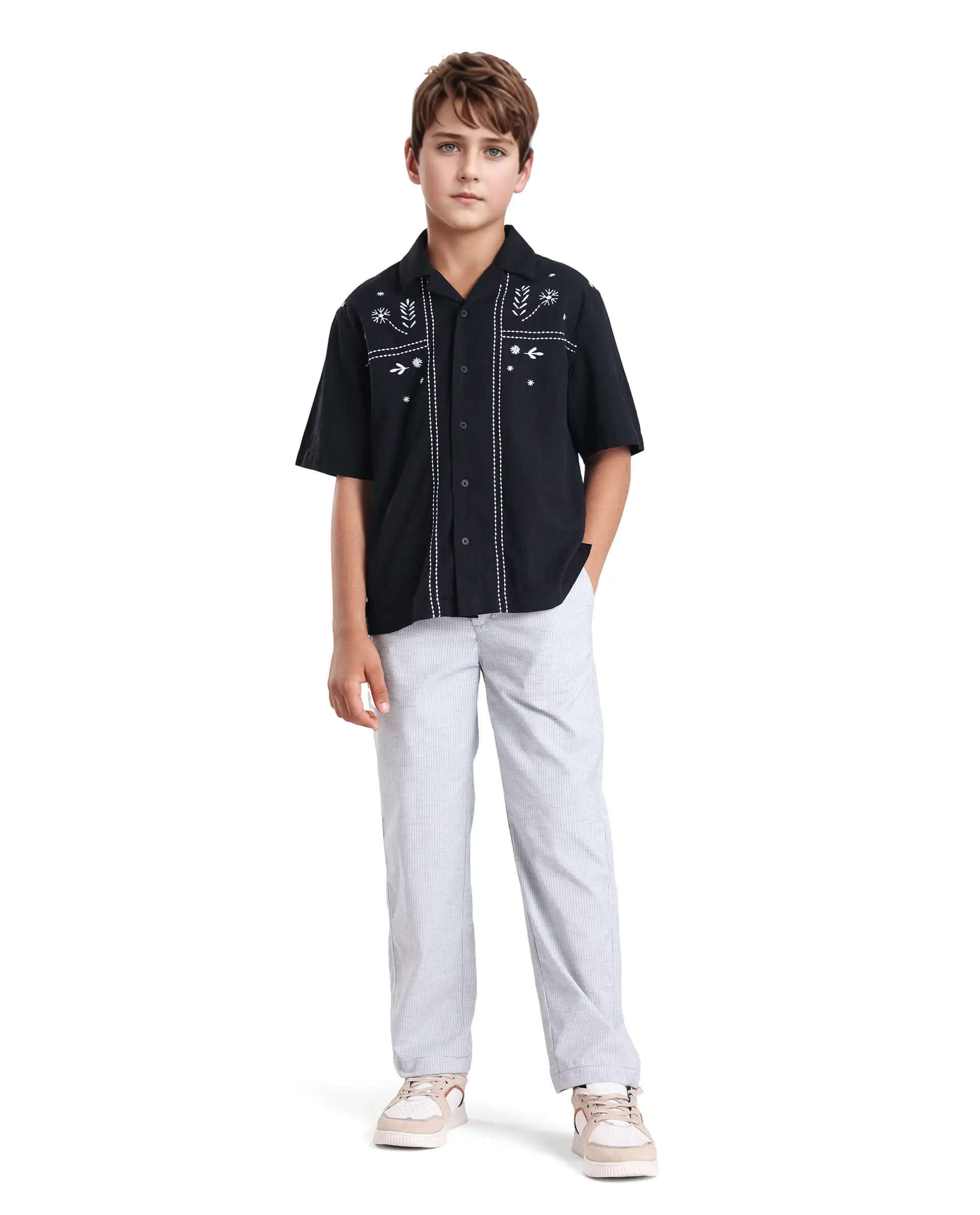 Rare Ones Kids Foke Black Cotton Embroidered Button Closure Regular Fit Shirt - Image 2