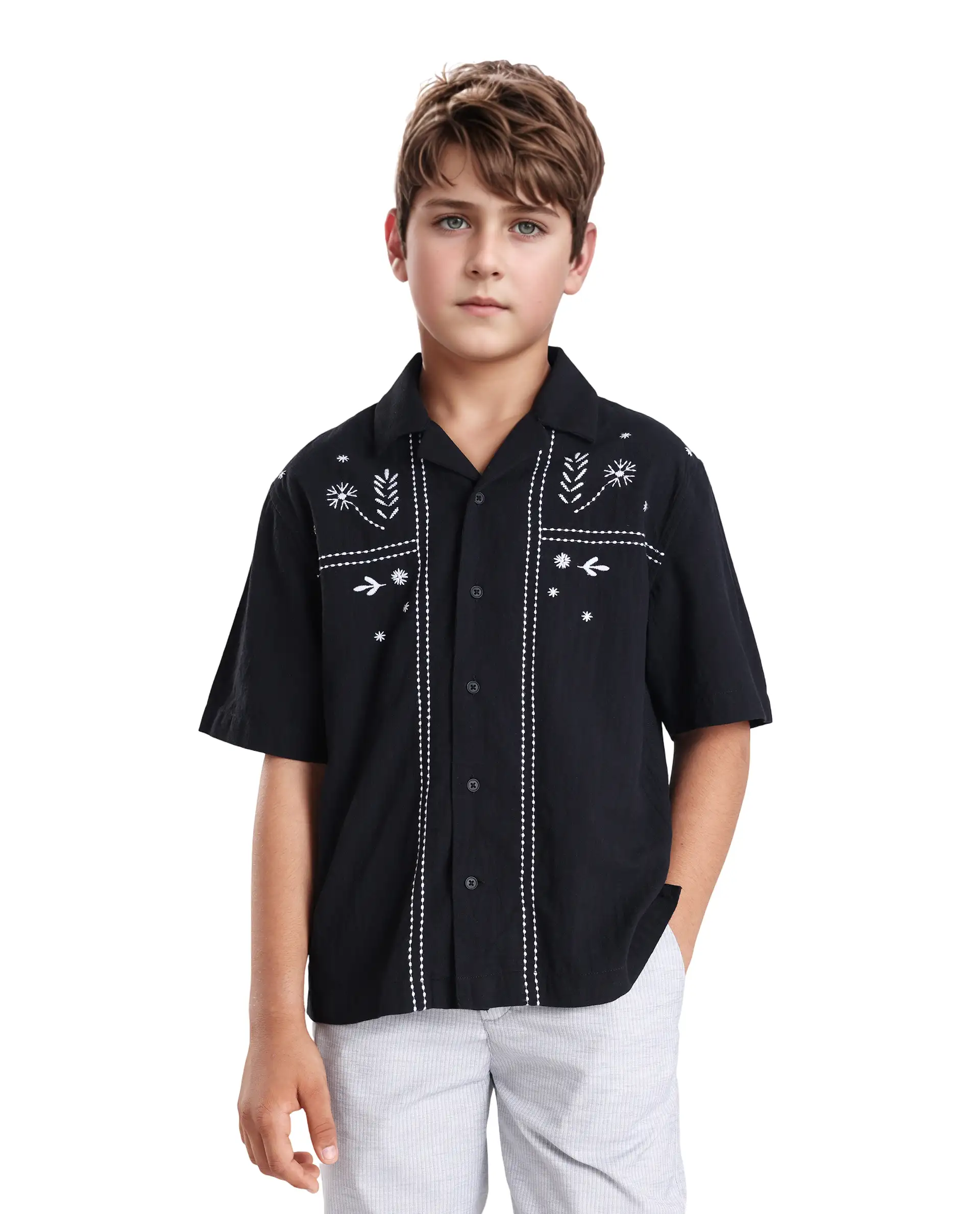 Rare Ones Kids Foke Black Cotton Embroidered Button Closure Regular Fit Shirt - Image 3