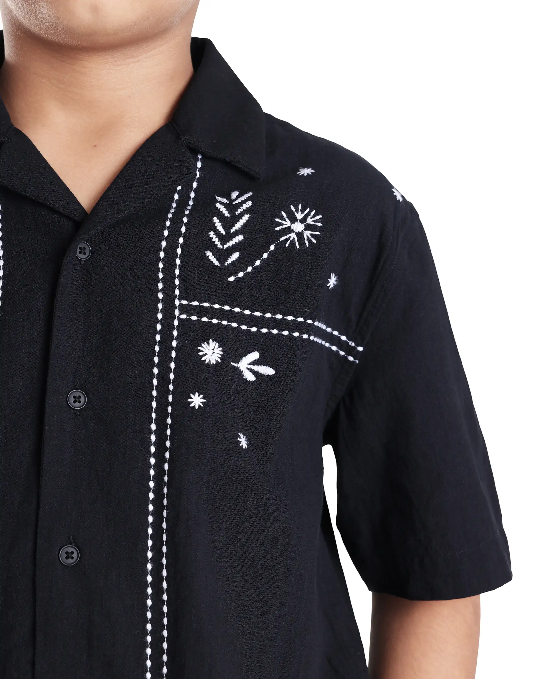 Rare Ones Kids Foke Black Cotton Embroidered Button Closure Regular Fit Shirt - Image 5
