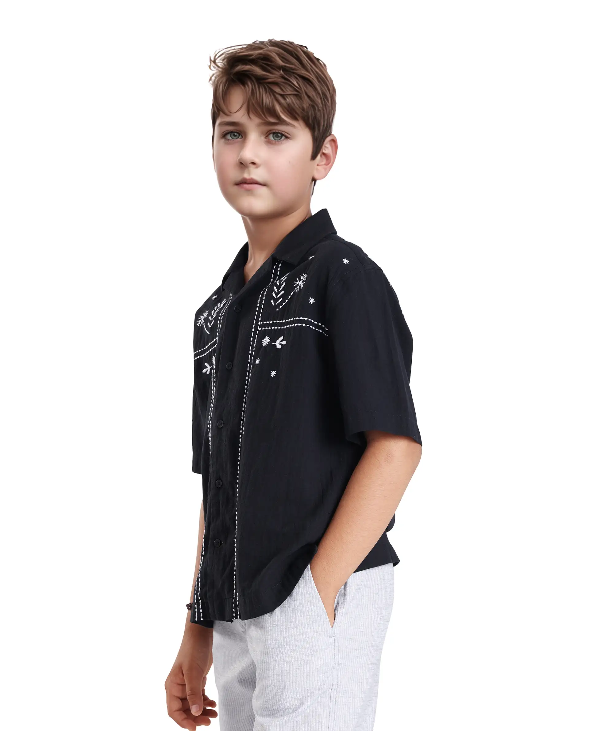 Rare Ones Kids Foke Black Cotton Embroidered Button Closure Regular Fit Shirt - Image 6
