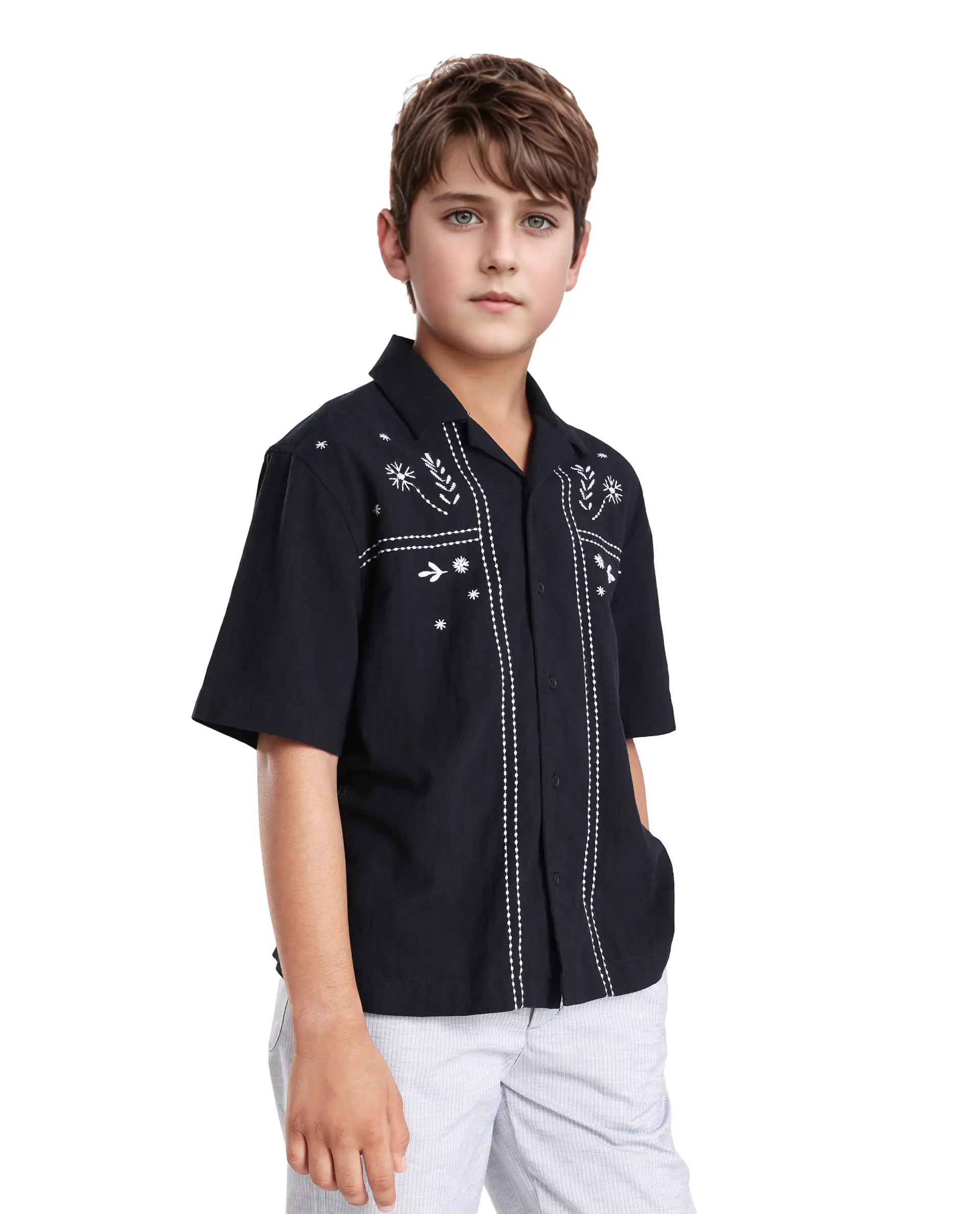 Rare Ones Kids Foke Black Cotton Embroidered Button Closure Regular Fit Shirt - Image 7