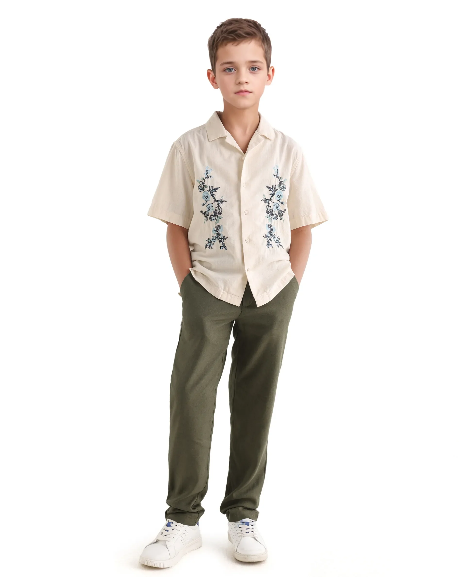 Rare Ones Kids Jomok-B Olive Linen Solid Drawstring Closure Regular Fit Trouser