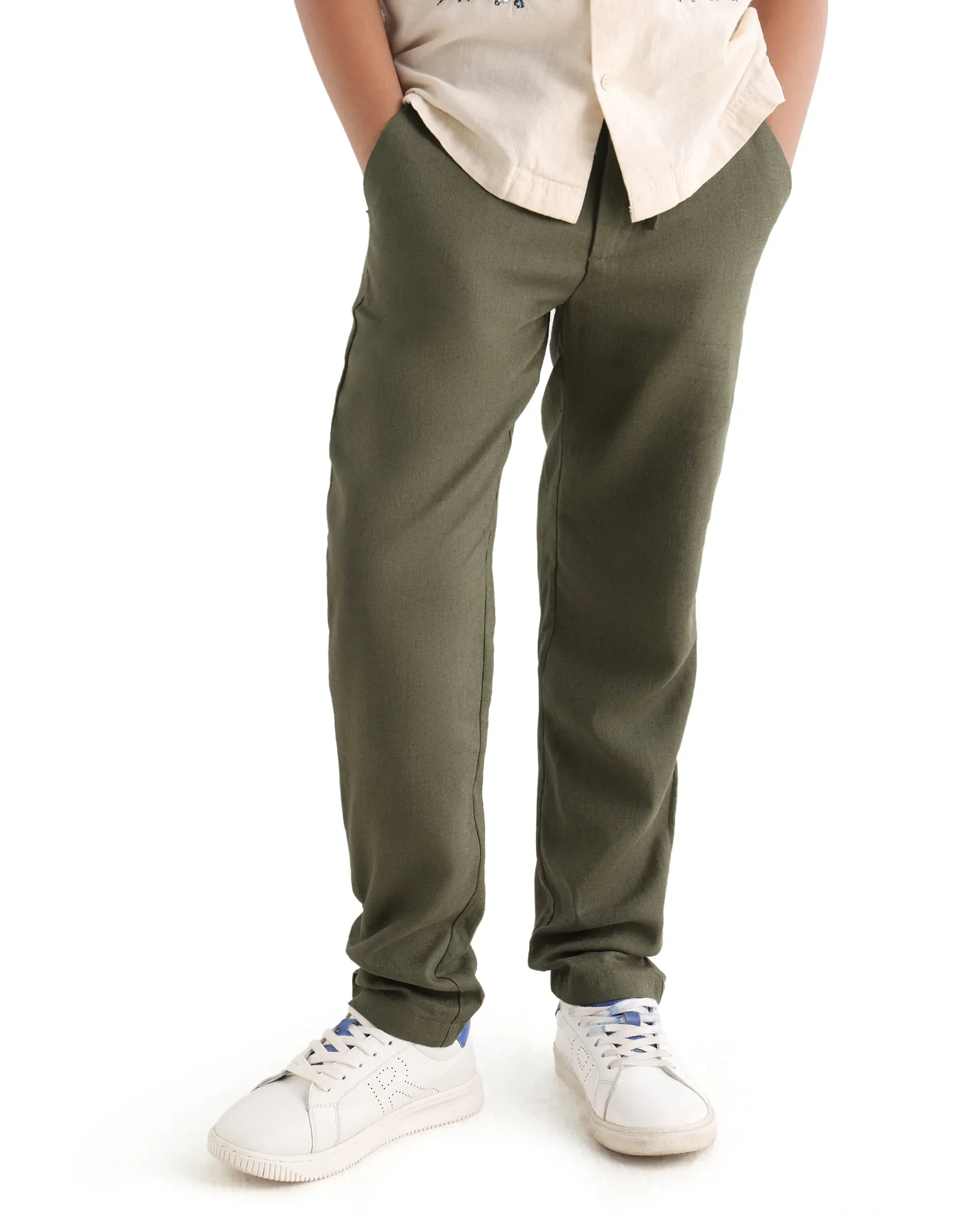 Rare Ones Kids Jomok-B Olive Linen Solid Drawstring Closure Regular Fit Trouser - Image 2